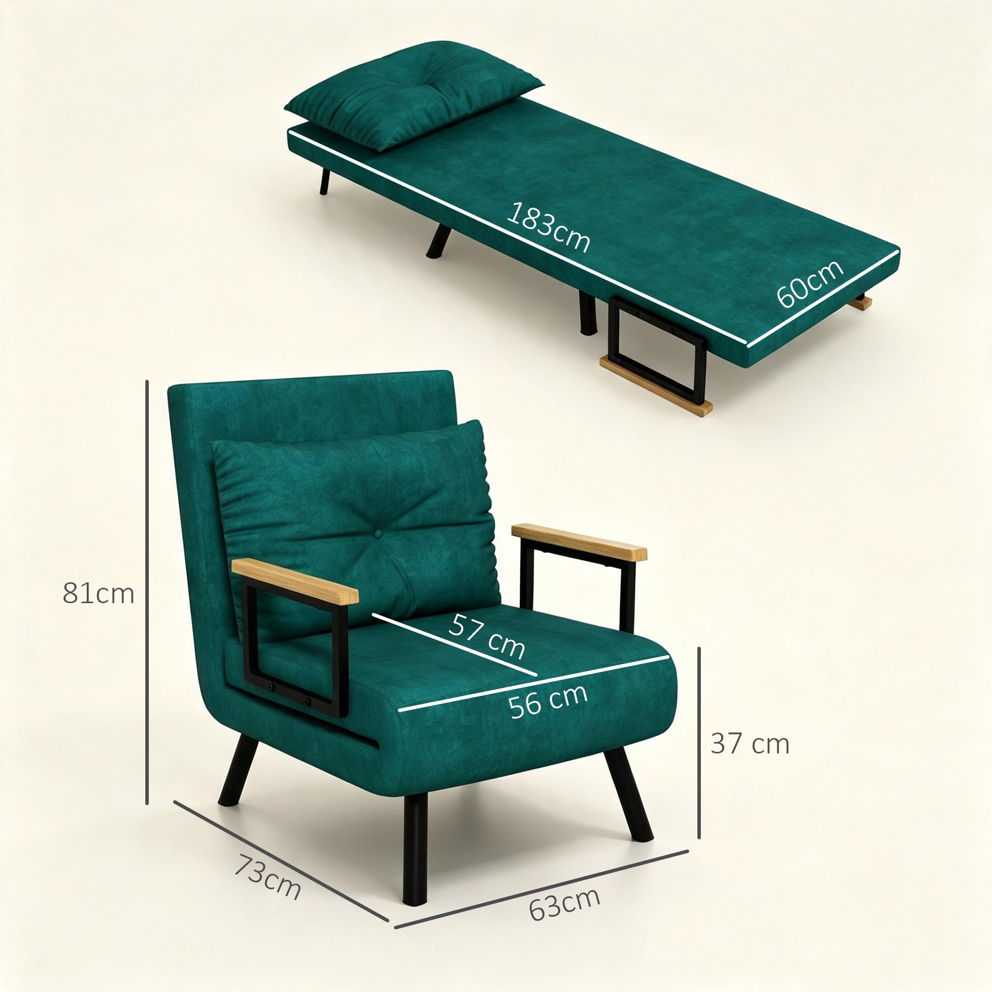 HOMCOM fauteuil convertible 1 place, fauteuil-lit chauffeuse 3 en 1 avec dossier réglable 5 positions, oreiller, siège rembourré, tissu aspect velours, canapé-lit pour invités, salon, bureau, vert