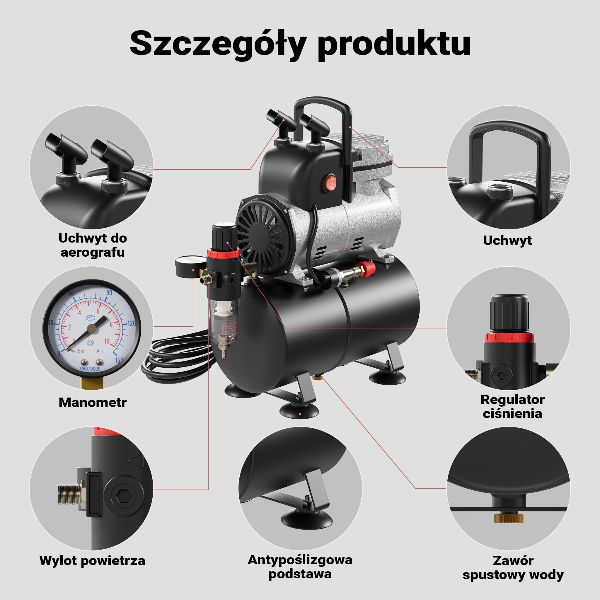 Wiltec Jednocylindrowa sprężarka tłokowa do aerografu AF189 ze zbiornikiem powietrza, ciśnienie maks. 6 bar, reduktor ciśnienia, separator wody, manometr