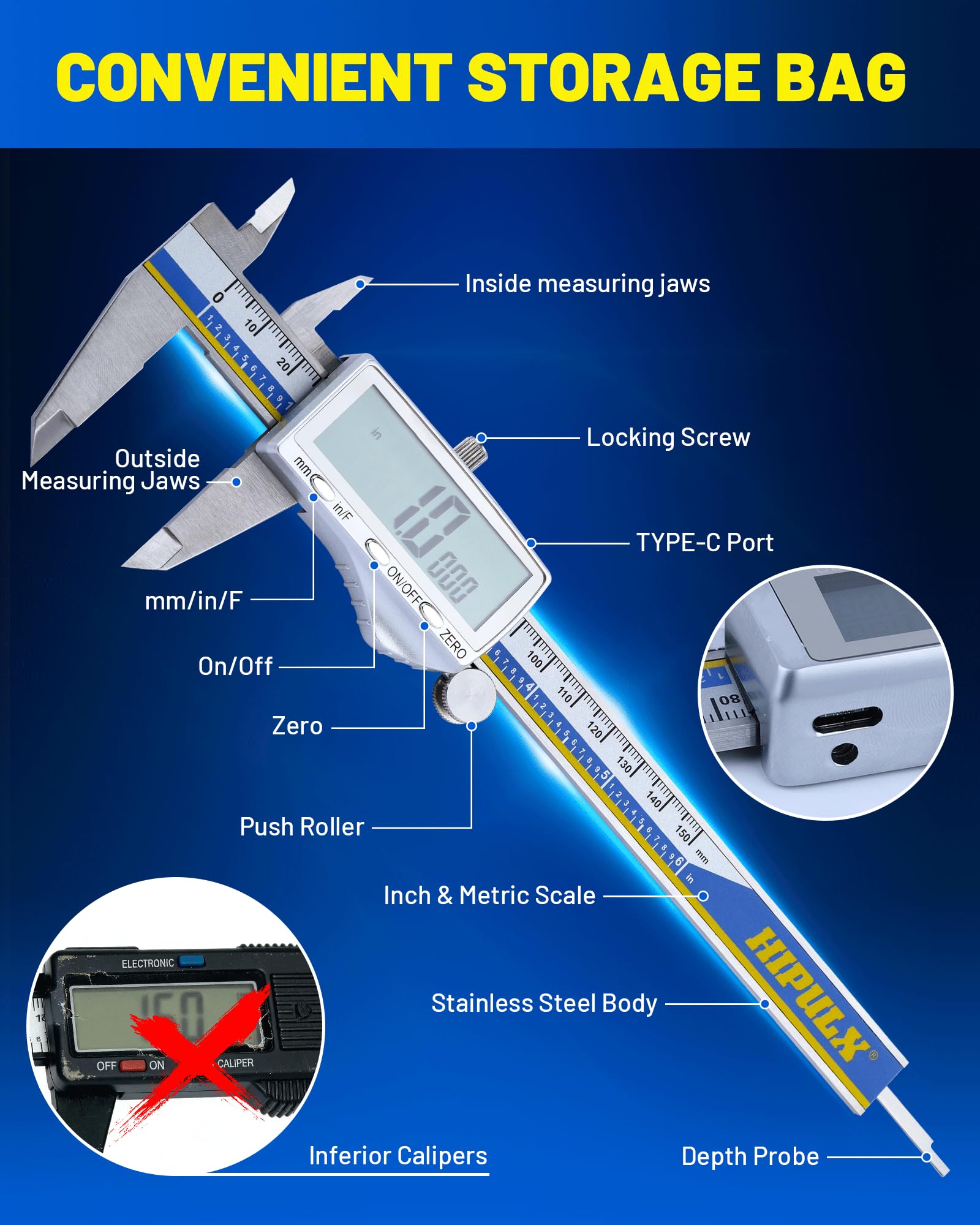 Digital Caliper - 6" Stainless Steel with USB-C Charging -6
