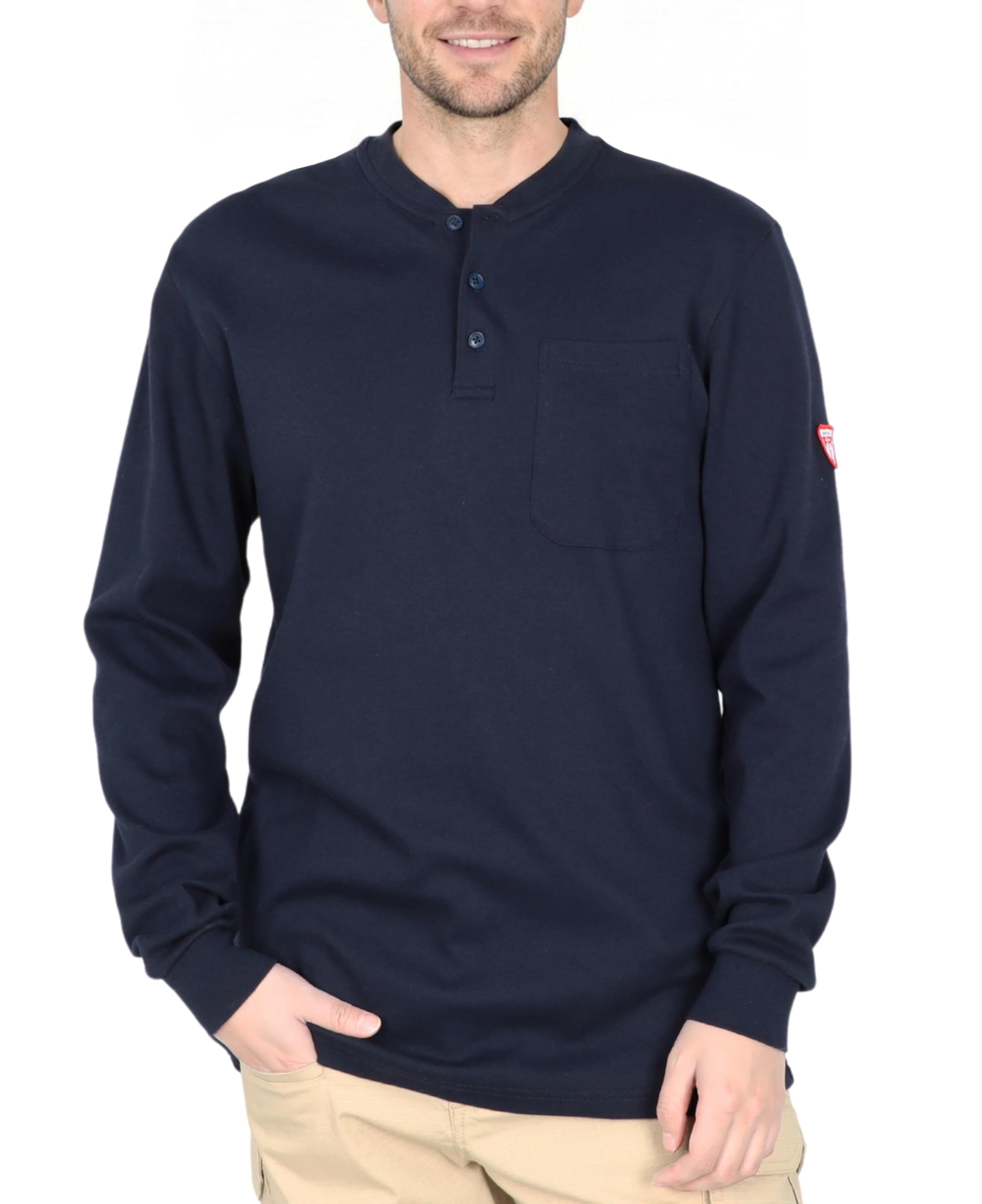 Ticomela Men's Navy Fr Shirts For Flame Resistant Shirt Nfpa2112/Cat2 7Oz Fire Retardant Long Sleeve Henley Shirts, Medium