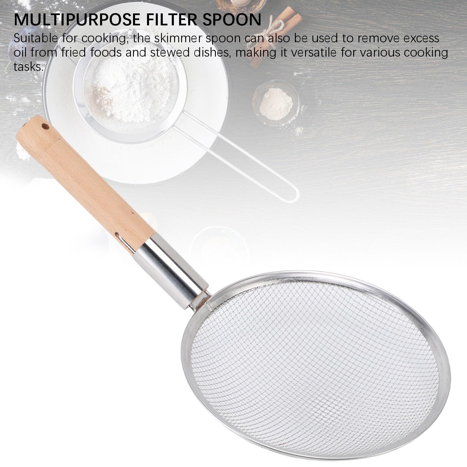 Fockety Cucchiaio schiumarola, colino a maglia fine in acciaio inossidabile 201, cucchiaio schiumarola per pentola calda da 10 pollici resistente al calore con manico in legno (28CM)