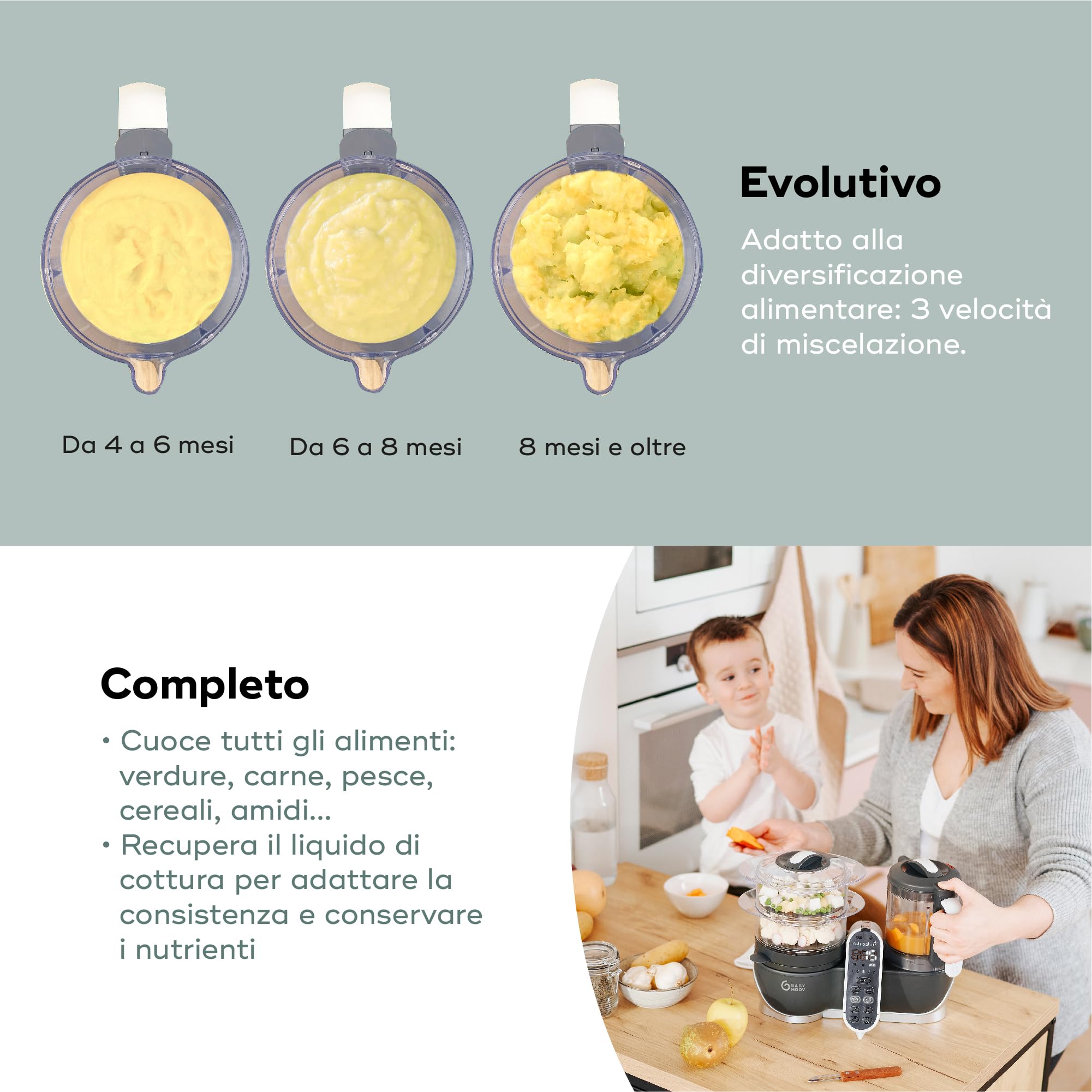 Babymoov Nutribaby+, Cuocipappa Multifunzione 6 in 1 Grigio + Babybols Set Da Sei Vasetti 250 Ml, Cuocivapore, Frullatore, Grande Capacità per i Bambini, Fino a 10 Pasti Preparati Contemporaneamente