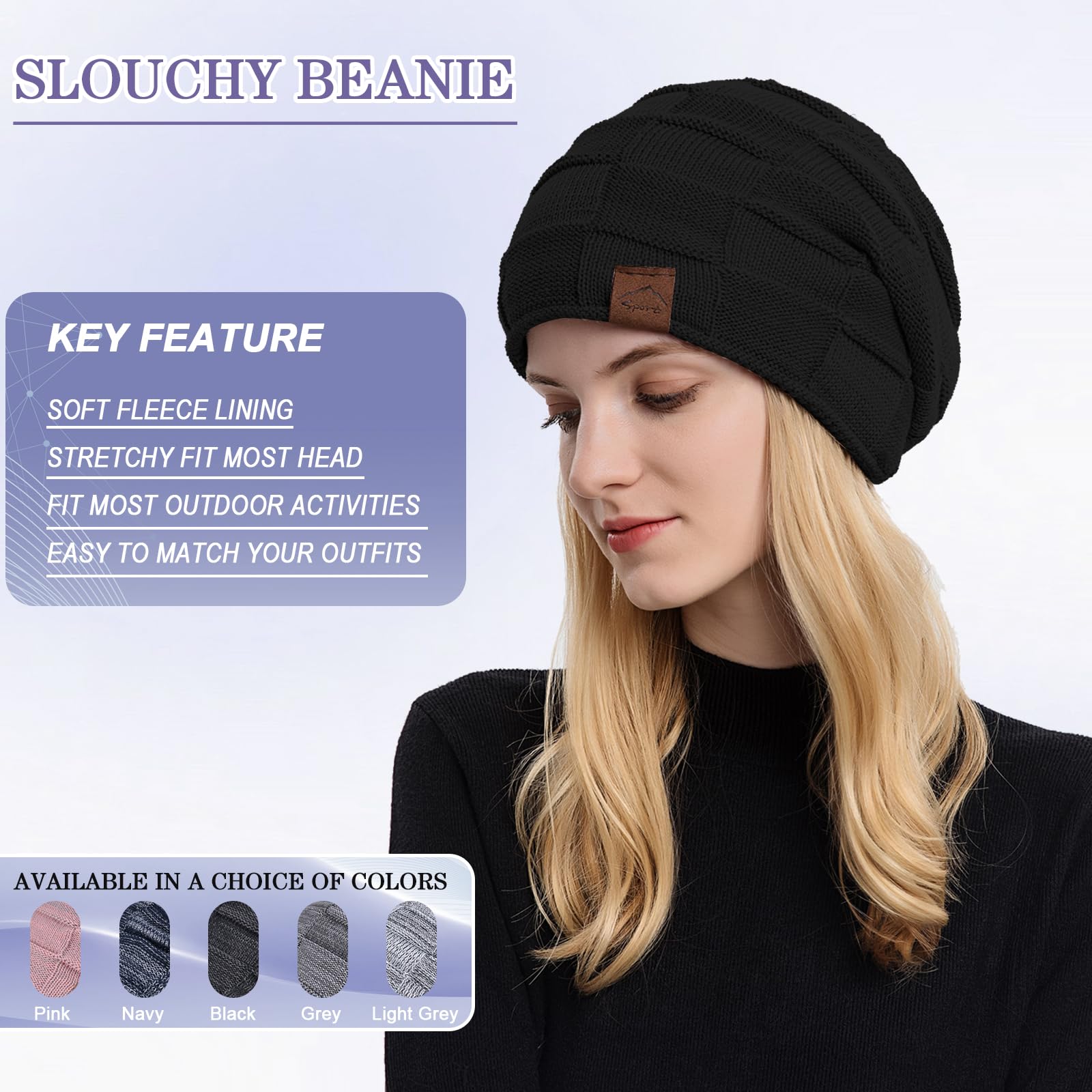 meioro Slouchy Beanie Hat for Men Women Winter Warm Knit Skull Cap Soft Fleece Lined Beanies Thick Unisex Winter Hats?Pure Black?