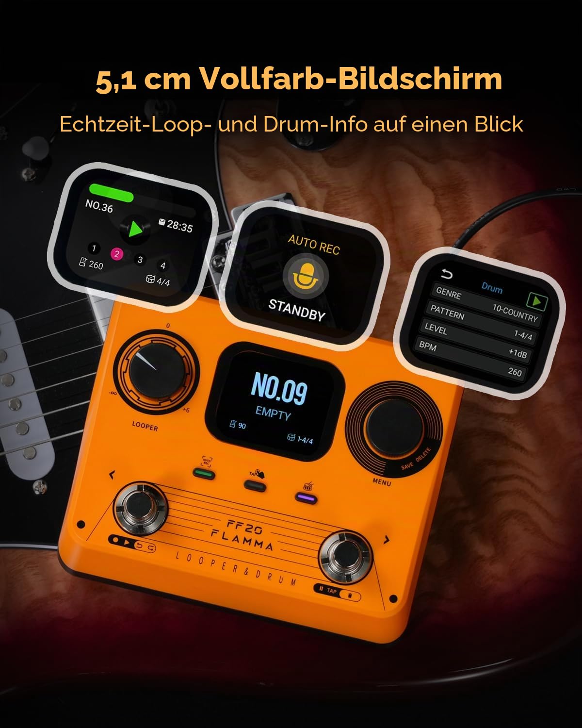 FLAMMA FF20 Looper-Pedal mit integrierter Drum-Maschine – 300 Min Stereo-Aufnahme, 220 Drum-Grooves, 100 Speicherplätze, Time-Stretch, Auto-Record, USB & Kopfhörerausgang – für Gitarre & Bass
