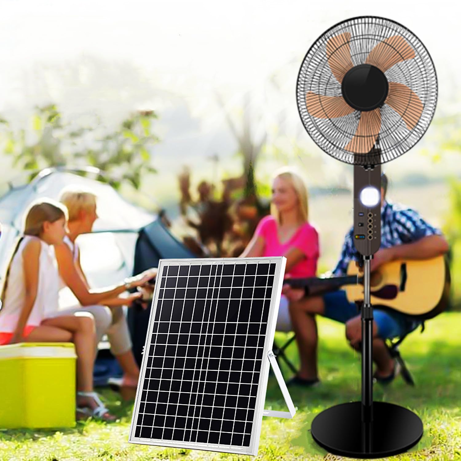asdchZen Solar Pedestal Fan With Solar Panel & Led Lights, Cordless Standing Fan, 4 Speeds Oscillating Floor Fan For Outdoor Traveling Fishing Party Bbq Beach Picnic