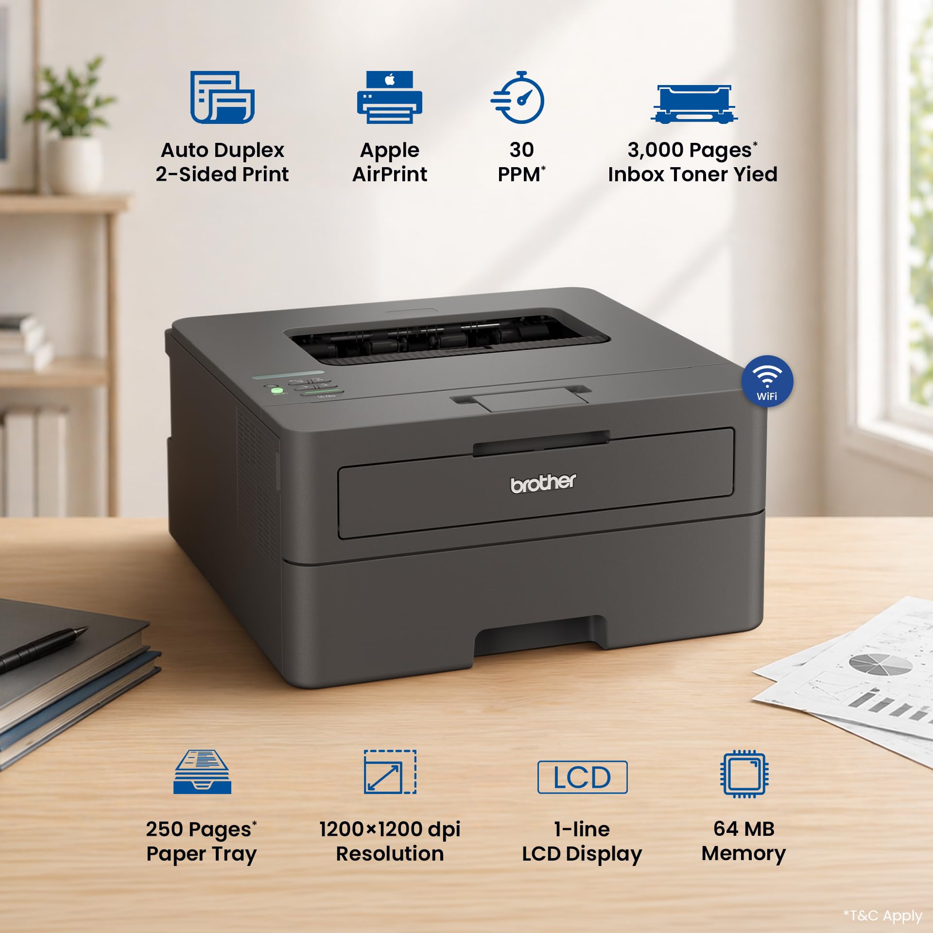 Brother HL-L2440DW (New Launch) Auto Duplex Laser Printer, 30 PPM Print Speed, LCD Display, 64 MB Memory, (WiFi Wireless LAN USB), 250 Sheet Paper Tray, 3000 Pages Inbox Toner, Free Installation — Amazon image 5