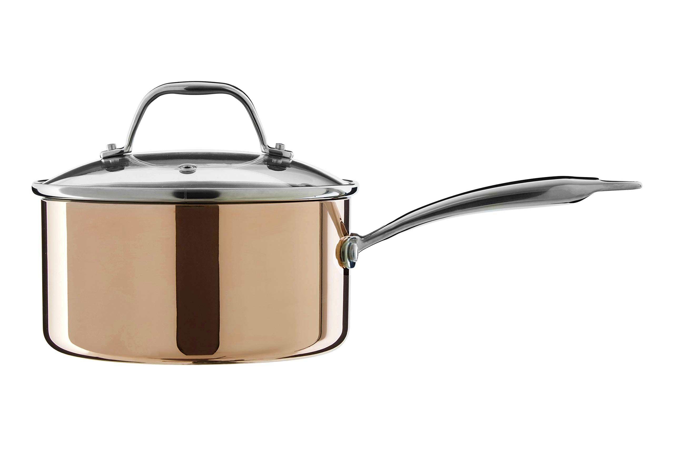 Premier Housewares 18cm Copper Finish Tri-Ply Saucepan with Glass Lid - Even Heat Distribution
