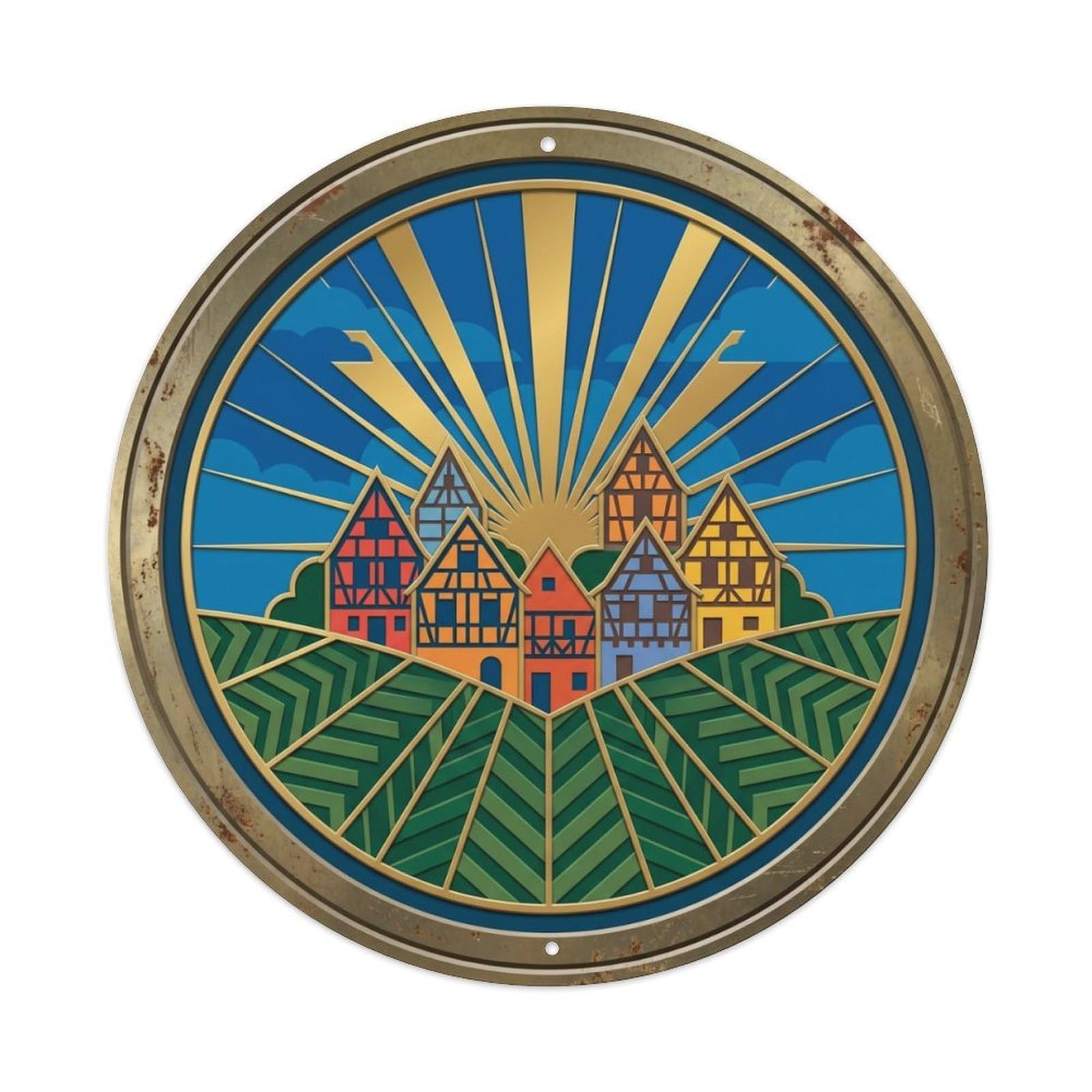 Alsace Radiant Village Travel Metal Tin Sign Plaque Wall Decor for Cafe, Club Bar, Office, Home Garden Round Metal Poster 8x8Inch