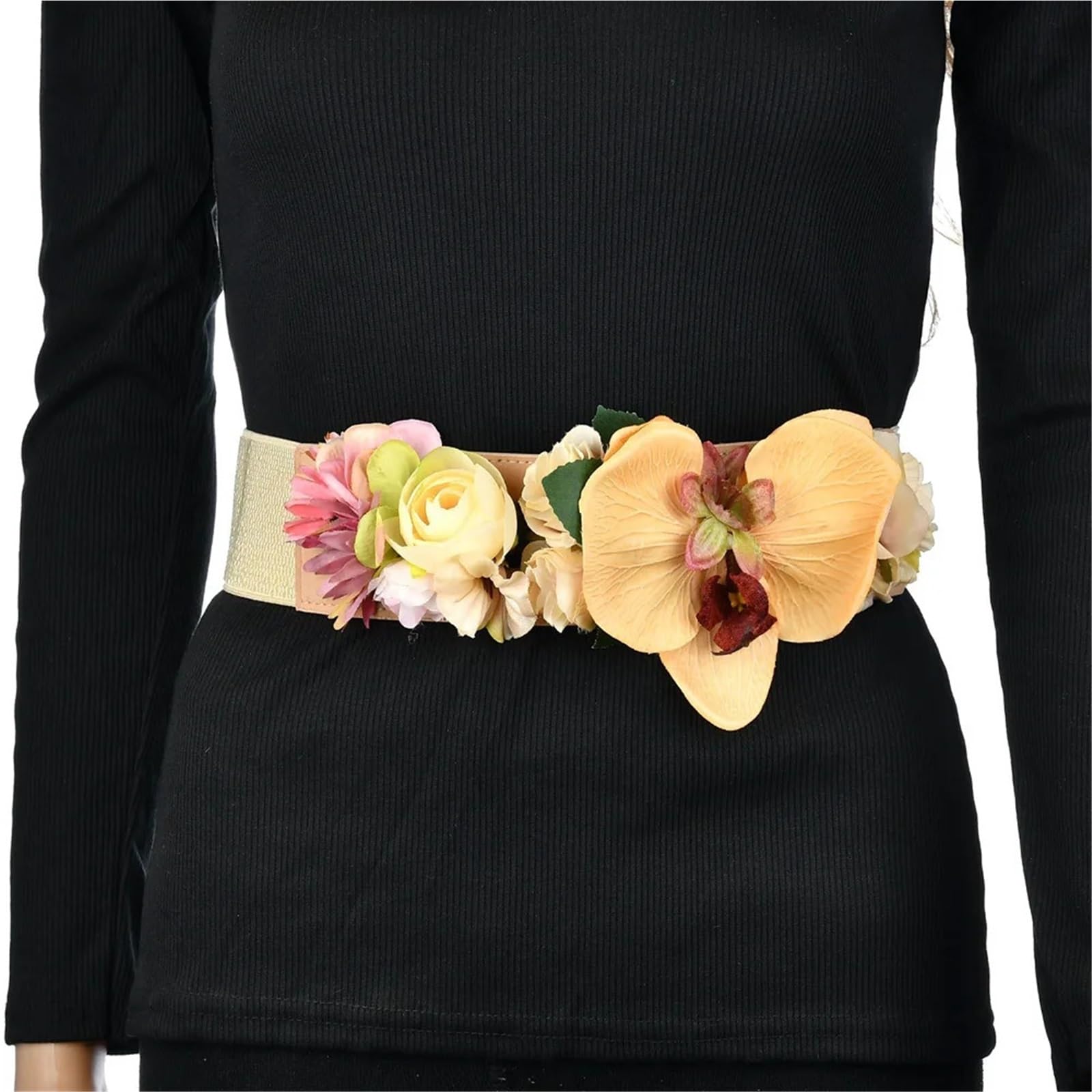 Ceinture Élastique avec Fleur Ceinture tissée élastique de fleur faite à la main, large ceinture Style Boho, accessoires mariage