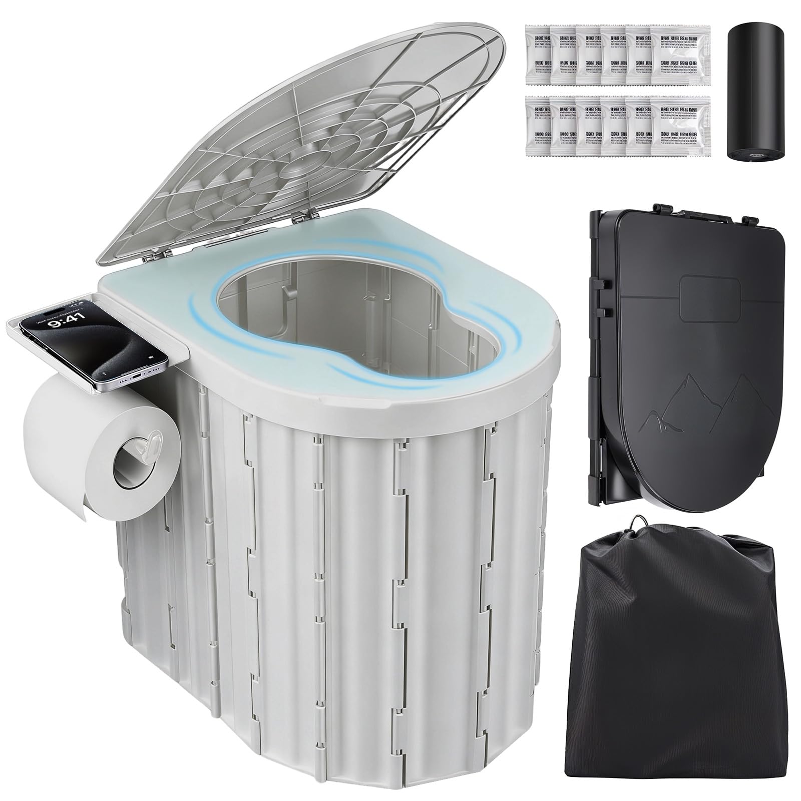 Portable Toilet for Adults, Foldable Plastic Toilet, with Lid and Paper Holder Travel Porta Potty for Adults Camping, Hiking, RV, Fishing, Beach, Road Trip, Truck, Hunting