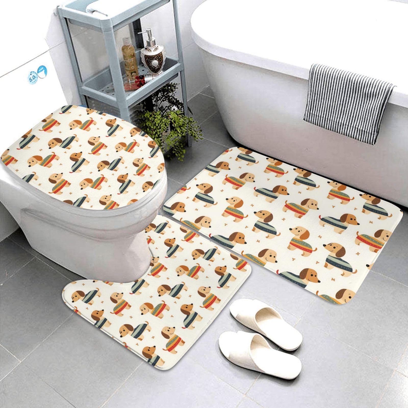 Tapis de bain absorbant teckel avec contour WC lavable en U