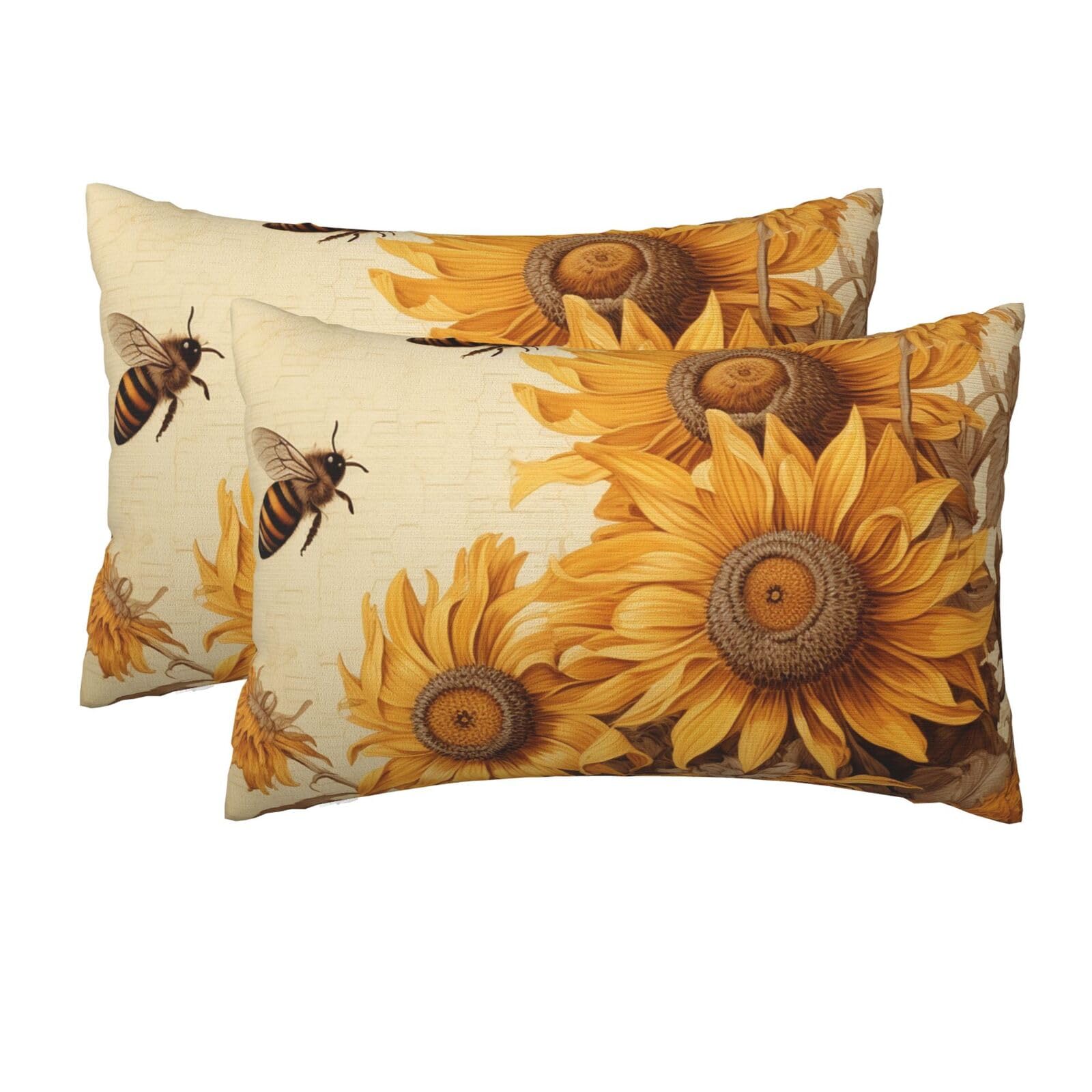 2 Pack Queen Size Pillow Cases for Hair and Skin Soft Breathable Pillow Case Covers with Hidden Zipper Bees and Sunflowers Pillowcase 20x30 Inches Pillow Cover for Sleeping Gift