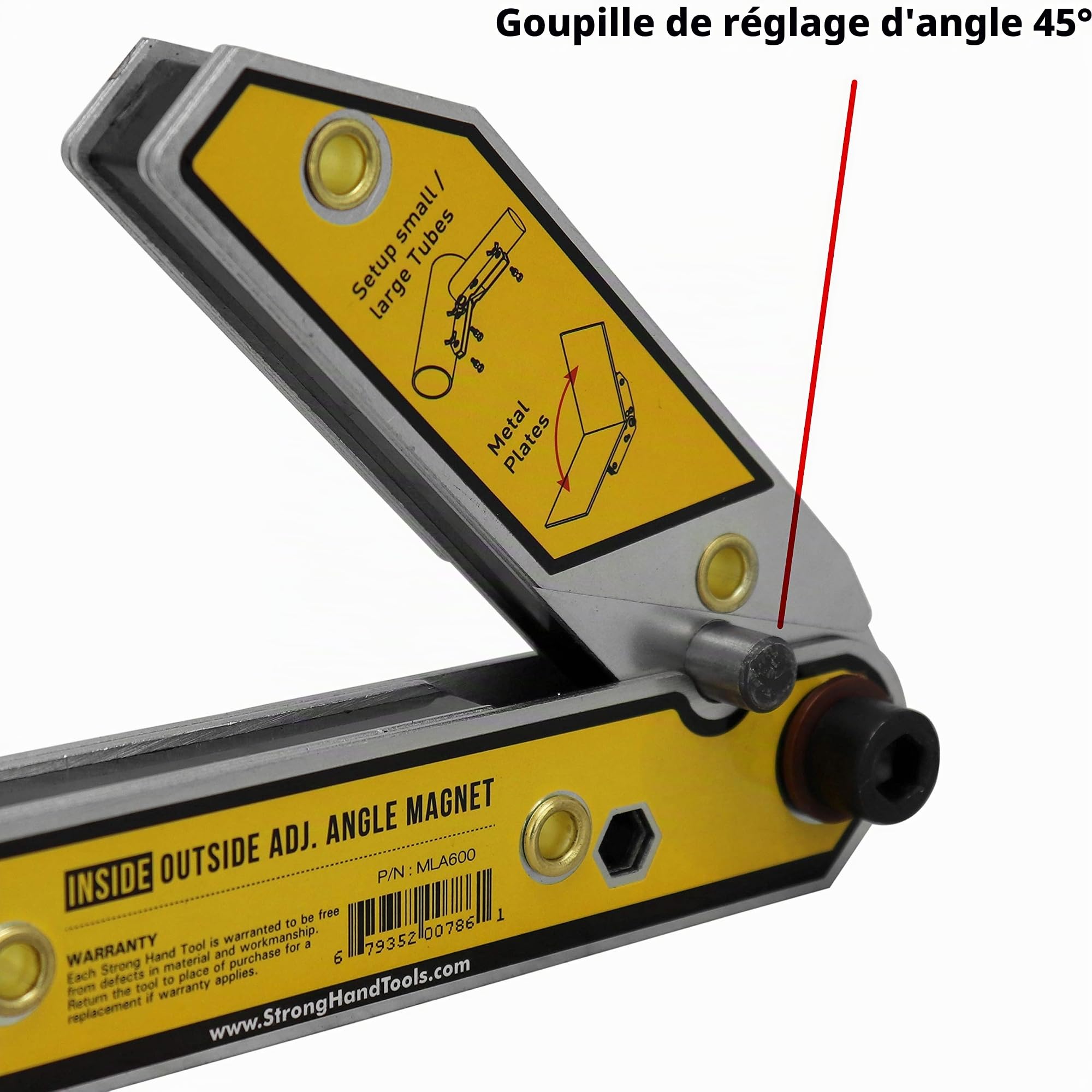 Équerre magnétique à angle réglable, angle 30°-270°, aimants intérieurs/extérieurs, goupille de réglage d'angle, force de traction magnétique 11,8 kg, carré de soudure, "4,7", MLA450, Strong Hand