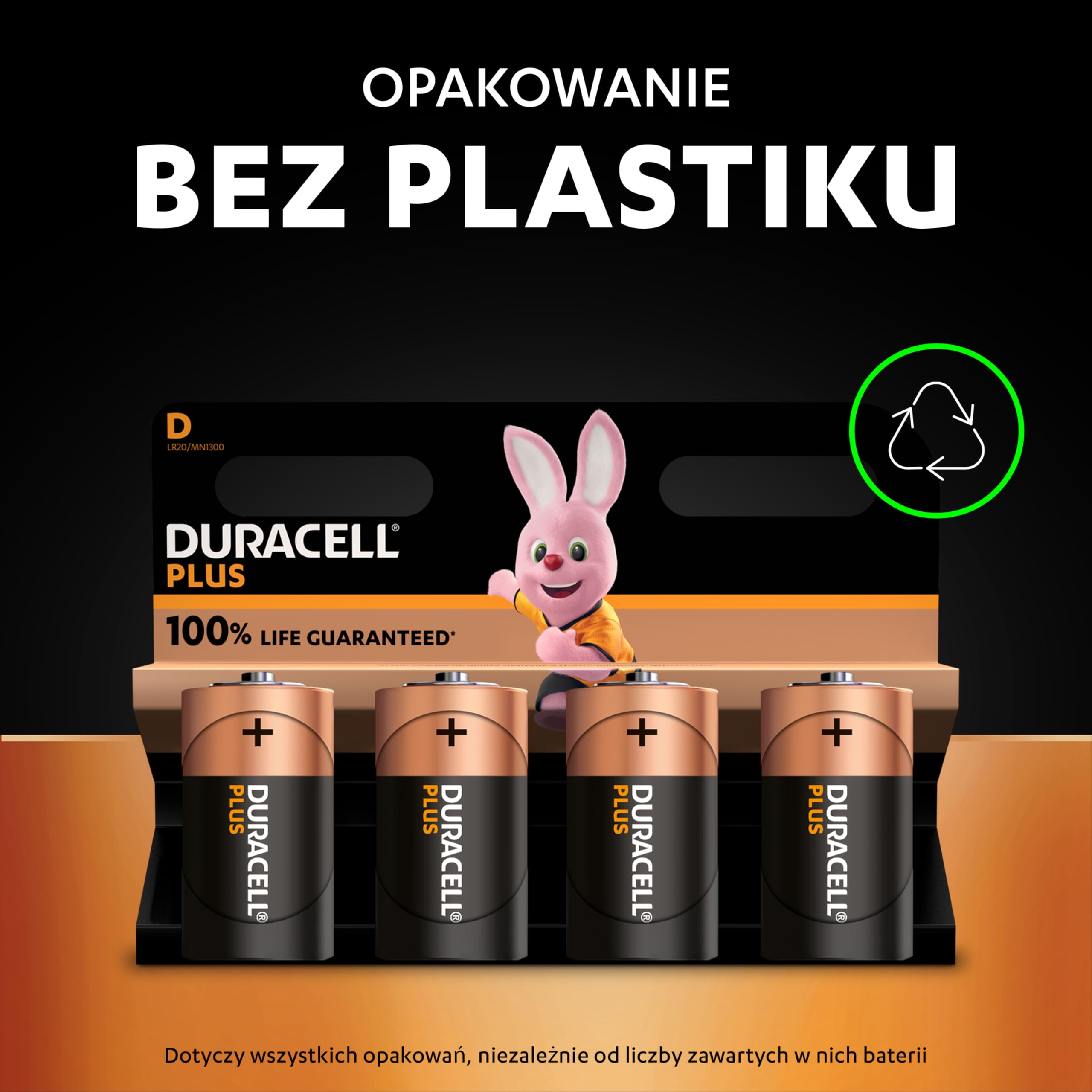 Duracell Baterie Plus D (20 sztuk) - alkaliczne 1,5 V - 100% gwarantowana żywotność - Niezawodność dla codziennych urządzeń - 0% opakowania z tworzywa sztucznego - 10-letnie przechowywanie - LR20