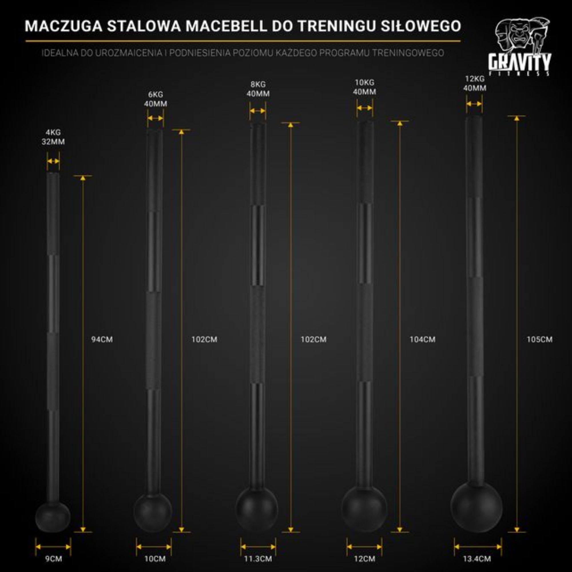 Gravity Fitness Maczuga Treningowa ze Stali Stopowej – Macebell do Treningu Siłowego, Mobilności i Chwytu – Do Ćwiczeń w Domu i na Siłowni – 4kg–12kg – Dla Entuzjastów Kalisteniki