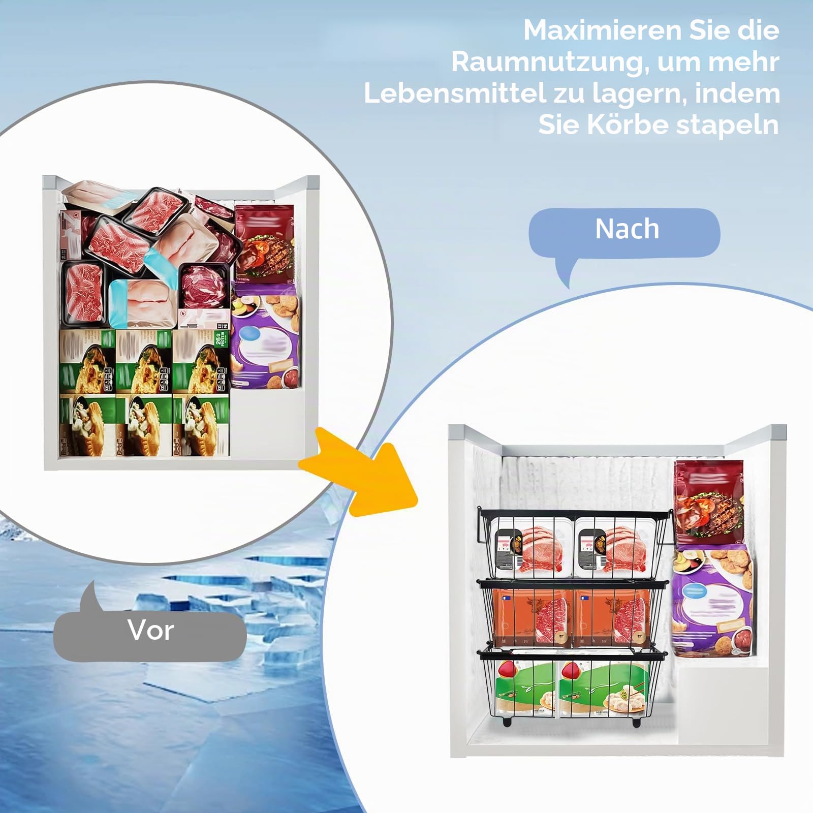 3 Stück Gefriertruhe Korb,Metall Gefrierschrank Organizer Stapelbare Drahtkörbe Mit Griff Und Rutschfestem Boden Drahtkorb ,Gefriertruhe Organizer für 5-7 Cu.Ft Kühlschrank,37.2X18X14cm(Schwarz)