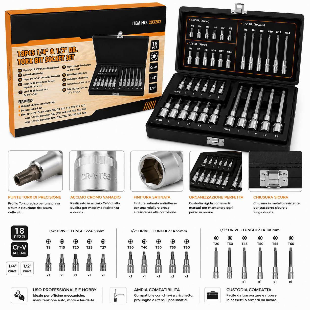 Lot de 18 douilles Torx mâles 1/4" et 1/2" Drive | Acier chrome vanadium Cr-V | Embouts Torx T8-T60 avec mallette professionnelle pour voiture, moto et atelier