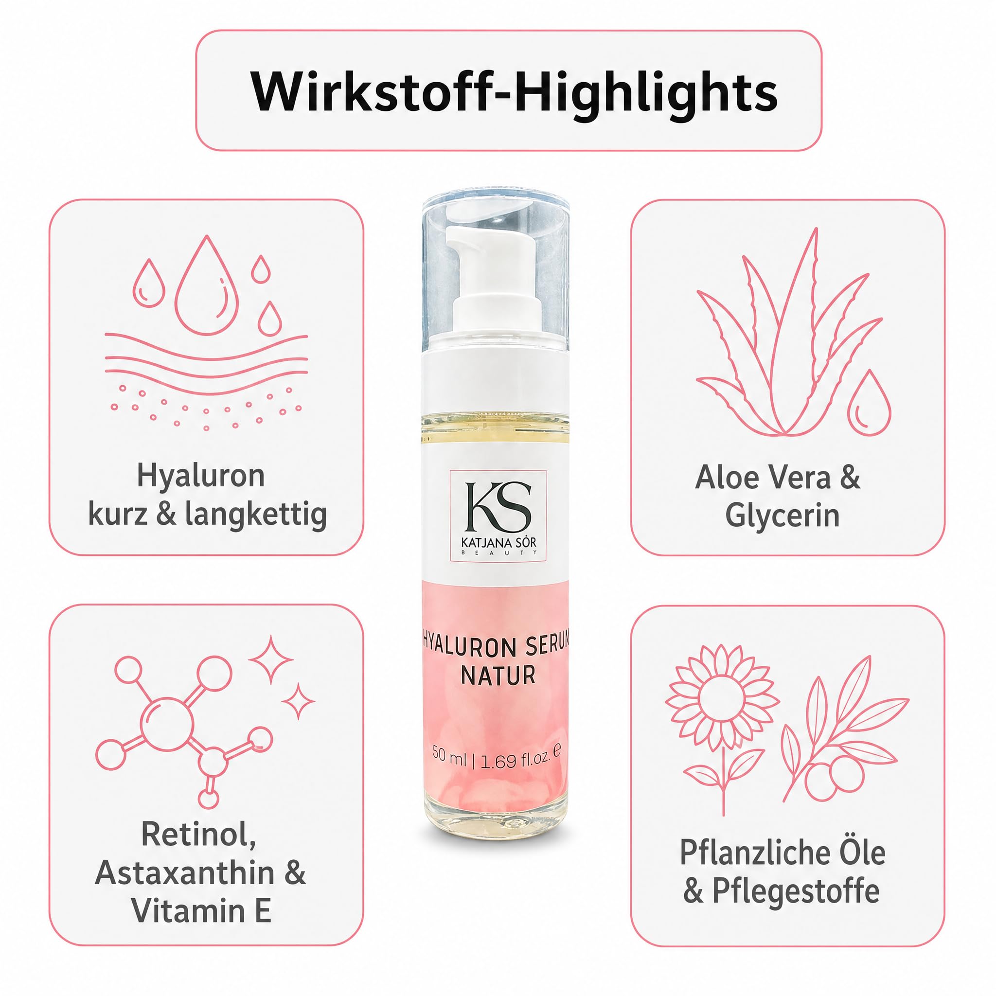 KS Beauty Hyaluronserum Natur – Feuchtigkeitsserum mit Hyaluronsäure, Aloe Vera, Retinol, Astaxanthin & Vitamin E (50 ml)