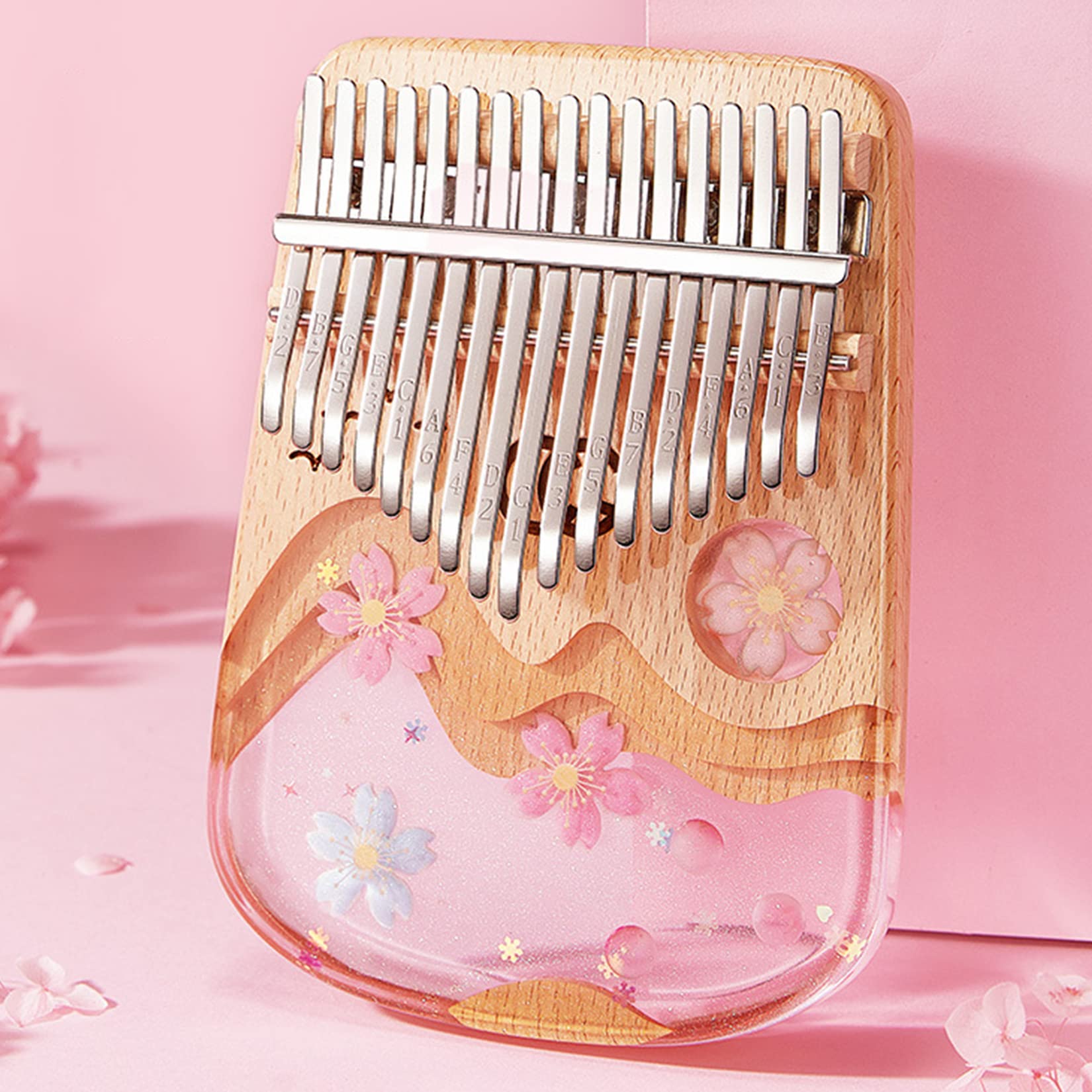 BOTOWI 17 Touches de Piano à Doigts Cadeau Musical, Kalimba en Cristal 21 Touches de Piano à Pouces en Acrylique Transparent avec Sac Eva, Marteau Accordage, Chiffon de Nettoyage,17keys Sakura