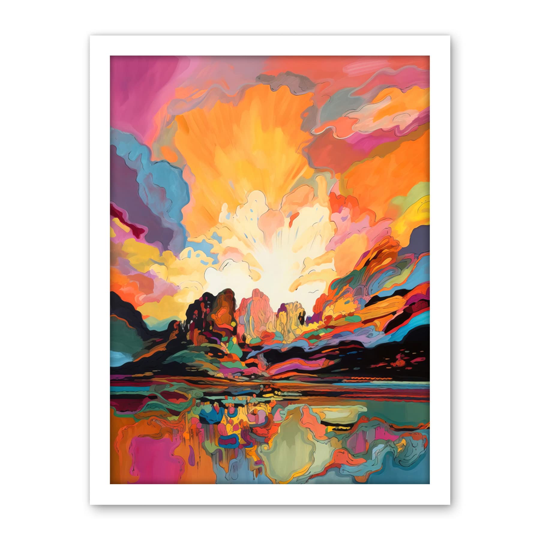 Artery8 Atmospheric Sunset Clouds Vibrant Colour Lakescape Modern Watercolour Painting Artwork Framed Wall Art Print 18X24 Inch