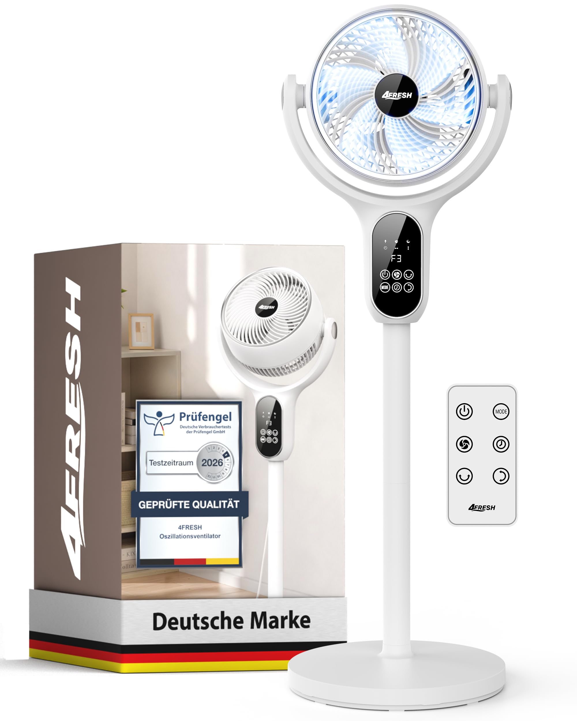 Luftzirkulator Standventilator, 70° horizontal und 90° vertikal oszillierend, max. 6,6 m/s, 6 Windstufen, 3 Modi, 12h Timer, Fernbedienung inkl. Knopfzelle, 2,2 m Netzkabel, Weiß
