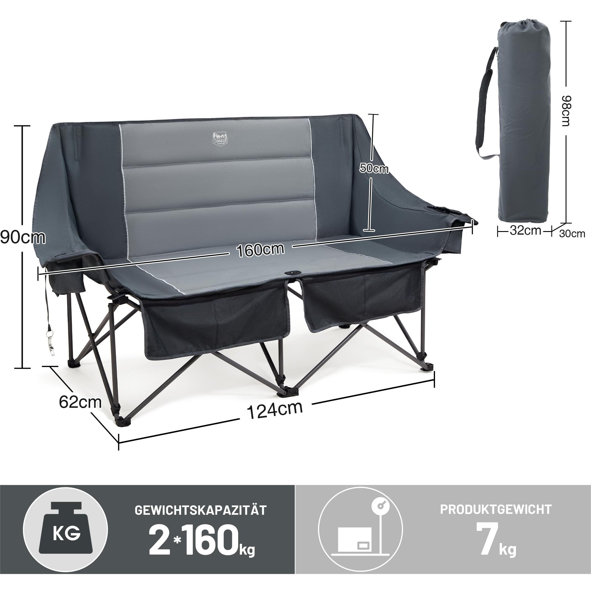 TIMBER RIDGE Campingstuhl Faltbar für 2 Personen 320KG Belastbar Faltsofa Klappstuhl XXL 2 Sitzer Campingsofa mit Getränkehaltern und Seitentasche Hohe Lehne Sessel für Outdoor Camping Balkon Garten