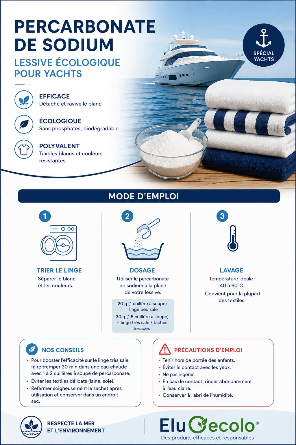 EluOecolo made in France - Détachant & blanchissant au Percarbonate 3kg DOYPACK zippé - Oxygène Actif <12% - avec doseur - Conditionné dans un CAT Local