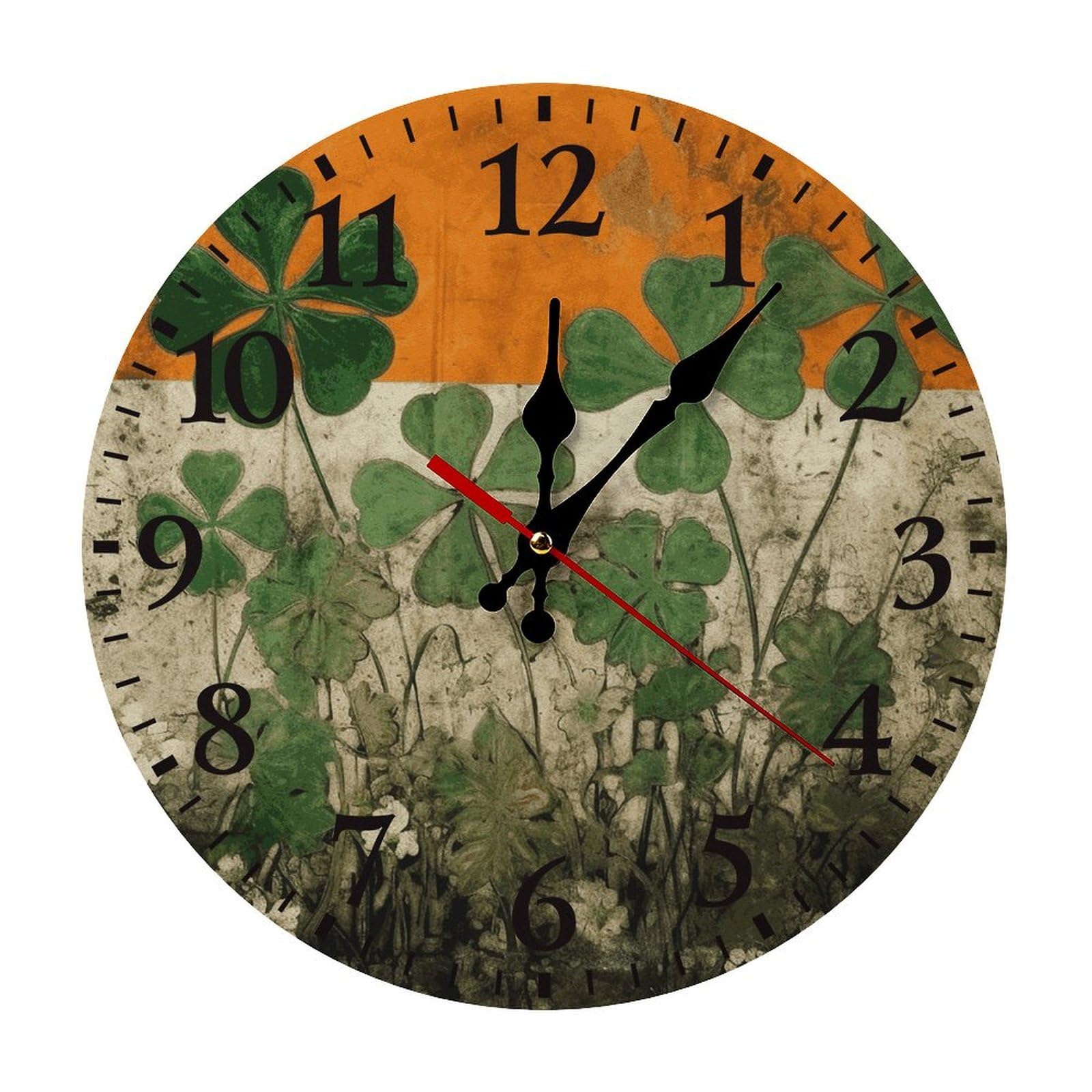 NTVOWPZO 10 Inch Wall Clock Clover on Flag Background Battery Operated Wall Clocks Silent Non-Ticking Round Wall Clock for Living Room Kitchen Home Office Wall Decorative Clock