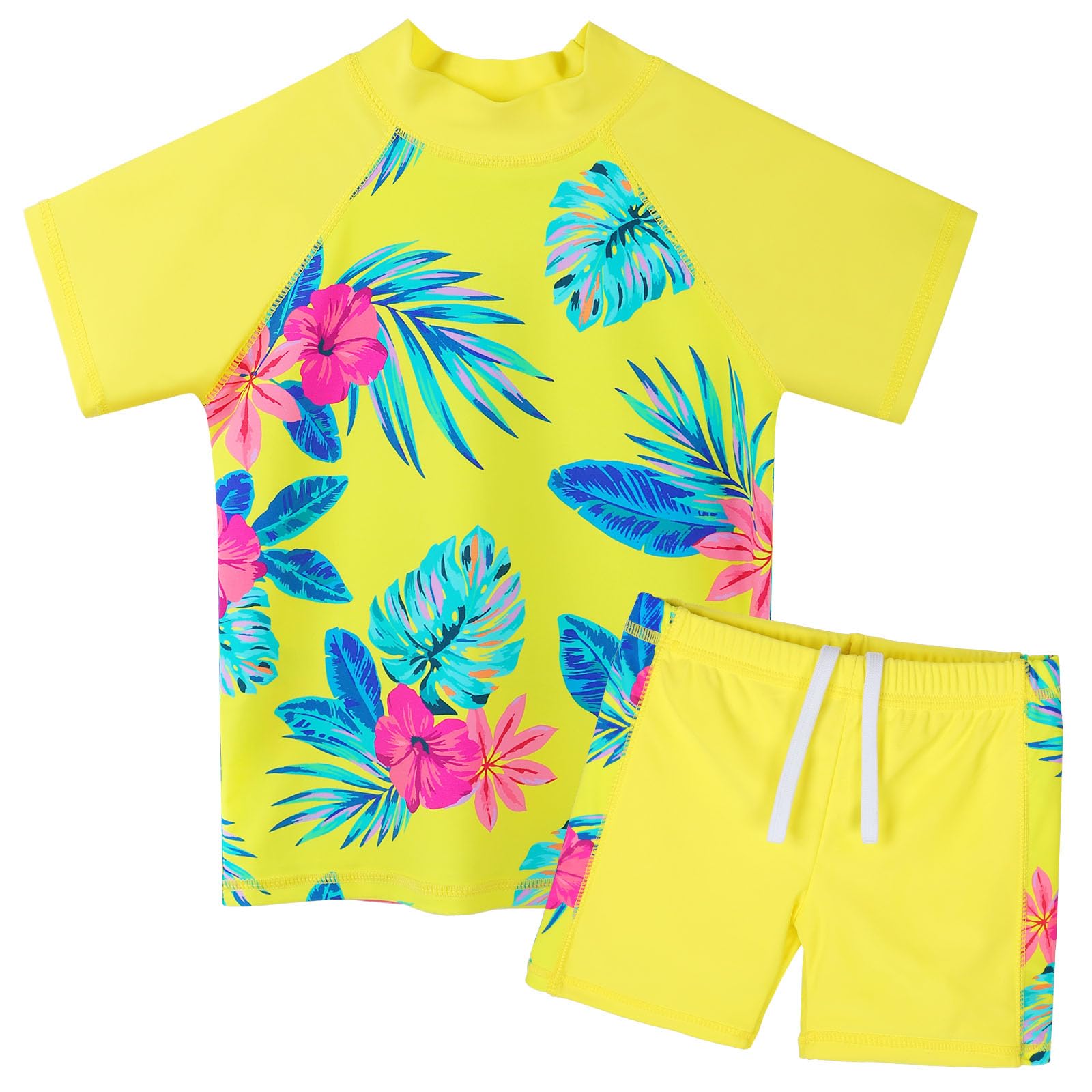BAOHULU Girls Short Sleeve Swimsuit Two Piece Floral UPF 50+ Rash Guard