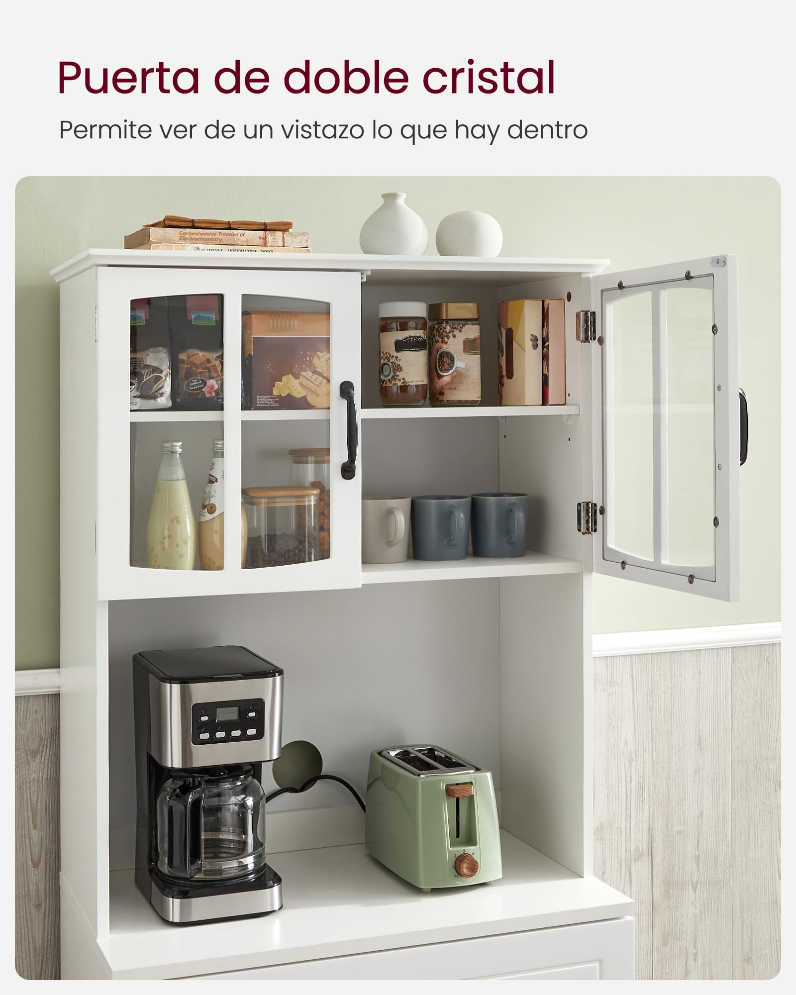 VASAGLE Armario Alto, Armario de Cocina con Puertas de Cristal y Estantes Ajustables, Cajón, Orificio para Cables, para Microondas, Estilo Moderno, Blanco LSC361W21