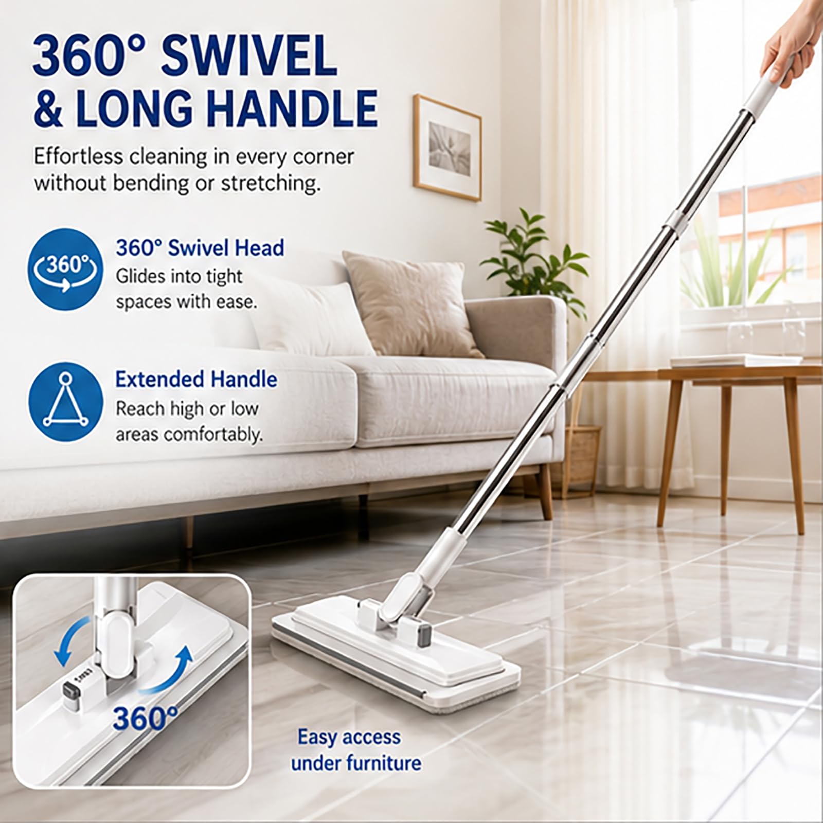 Mocio piatto multiuso a mani libere, mocio da pulizia a clip include 9 confezioni di panni umidi di ricambio, mini mocio con fibra a rotazione di 360 gradi per pavimenti in legno, piastre Length-95cm