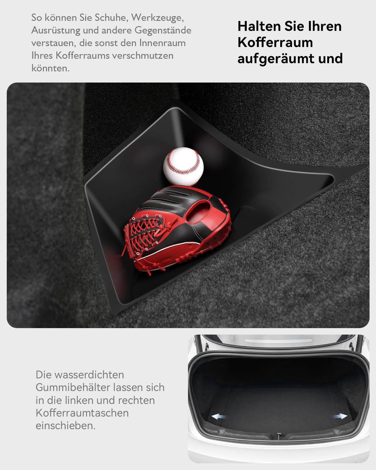 2Pcs Exquisit Kofferraum Organizer für Tesla Model 3 Highland 2024-2026,【Unterteiltes Design】 TPE Kofferraum Seitenbox Aufbewahrung mit Teppichrand, Wasserdicht Schmutzabweisend (Schwarz)