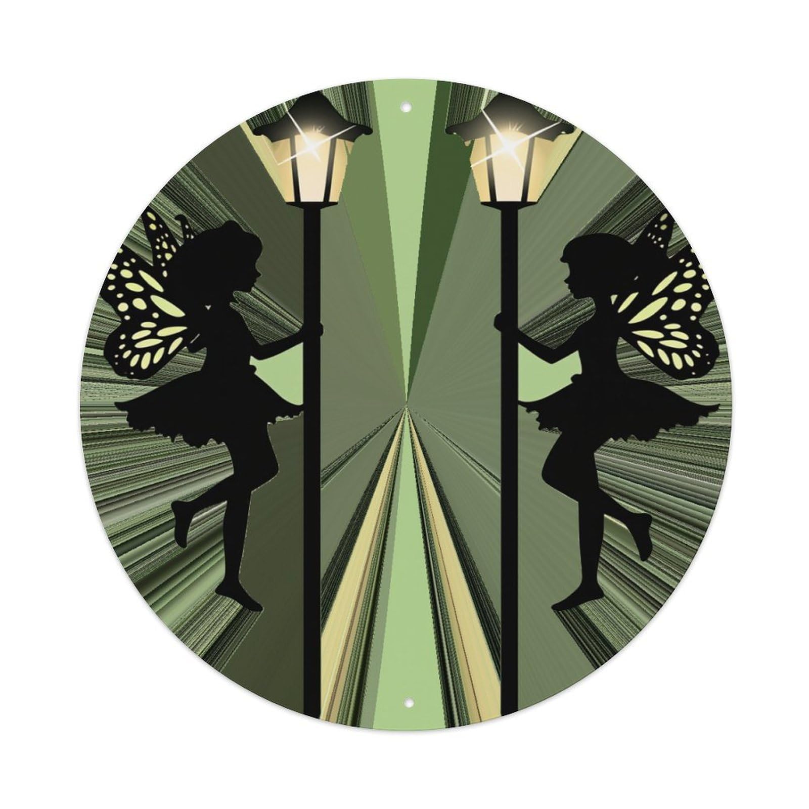 Fairy Silhouette Lamp Post Design Round Tin Sign Retro Metal Sign for Cafe Bar Pub Home Game Room Gym Club Wall Decoration Vintage Metal Poster 8x8 Inch