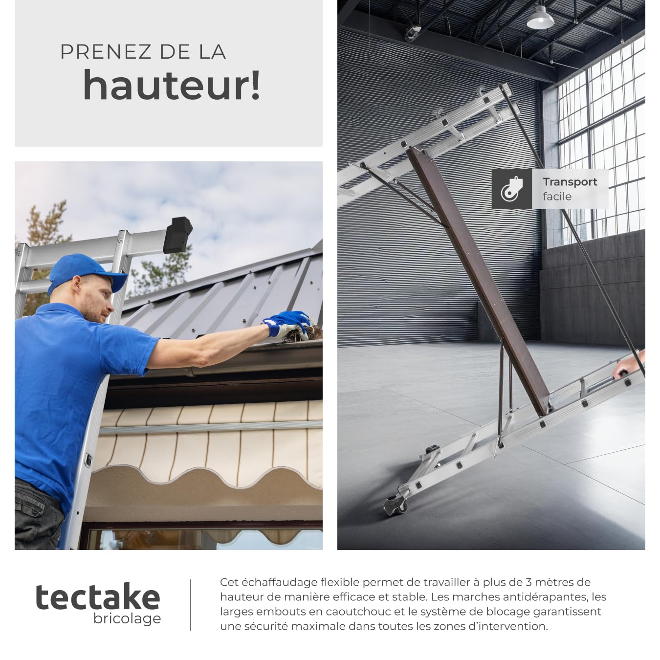 tectake® Échelle Multifonction 3 en 1 Échafaudage Roulant en Acier Plateforme de Travail Antidérapante Échelle Téléscopique Échelle Pliante Escabeau Pliant Bricolage Peinture Toiture
