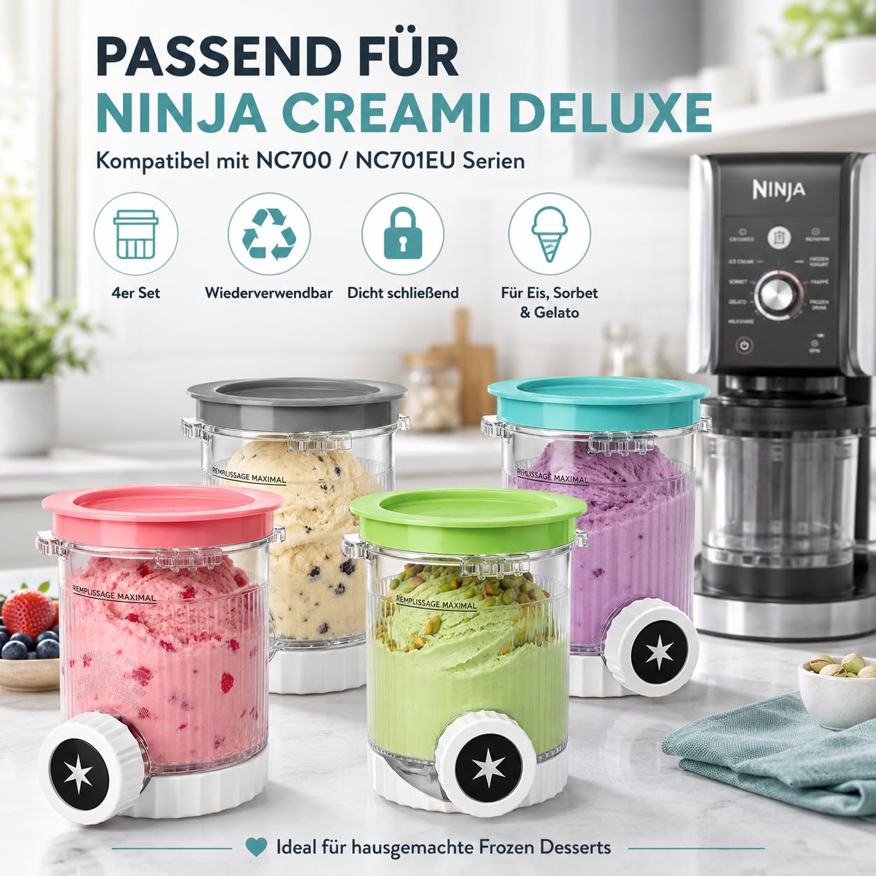 DULCE DOM Ninja Creami Eisbehälter | 480 ml Gefrierbehälter für NC700 & NC701EU Serie | Mit integriertem Design | BPA-frei, spülmaschinenfest & gefriersicher | Farbige Deckel