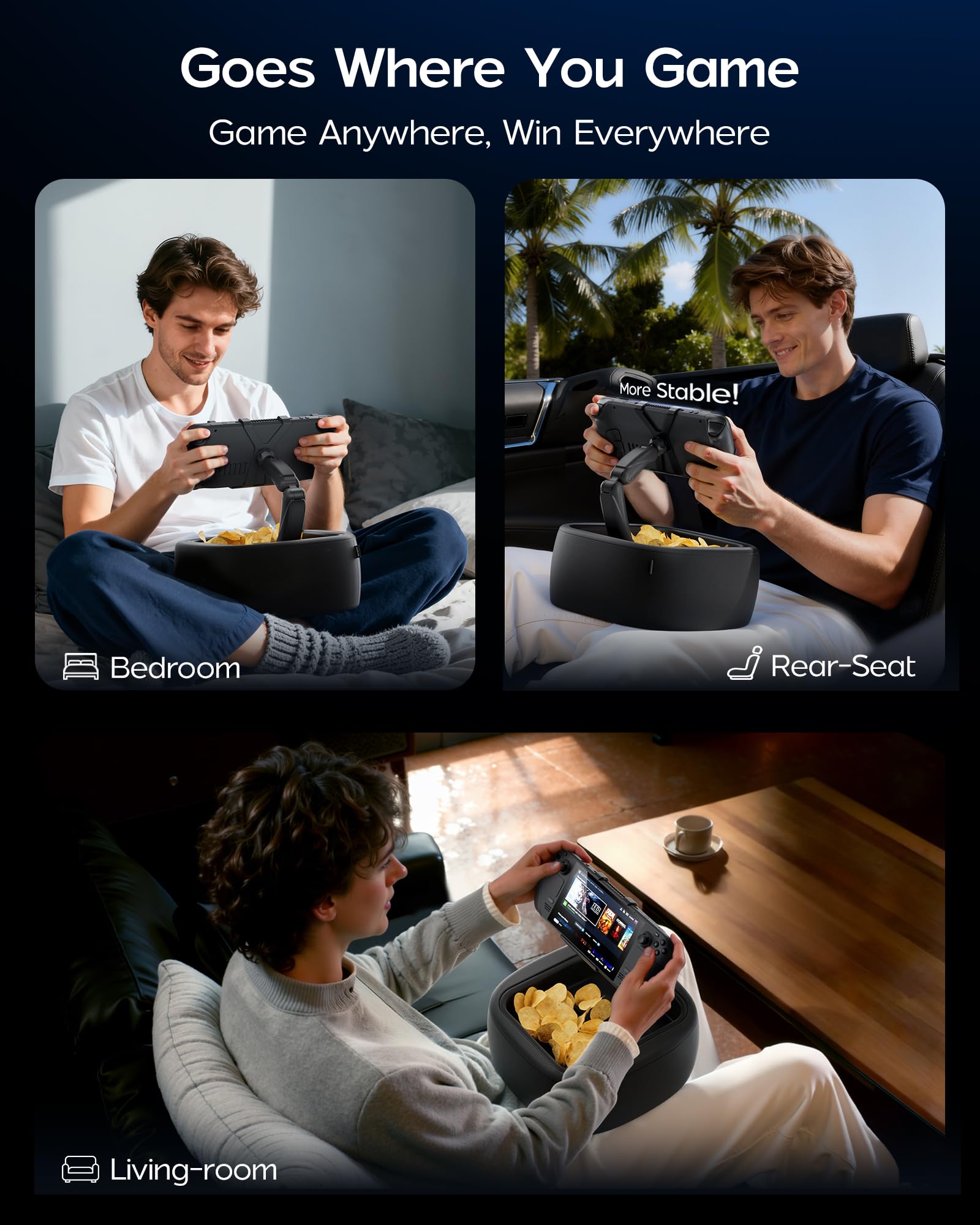LULULOOK Gaming Kissen Ständer für Steam Deck & 4.7-14.6" Tablet mit 2 Clips, Maschine Waschbar Kindle Halterung Kissen mit 360° Schwenk Arm, Zero Gravity Steam Deck Zubehör mit Abnehmbar Snack