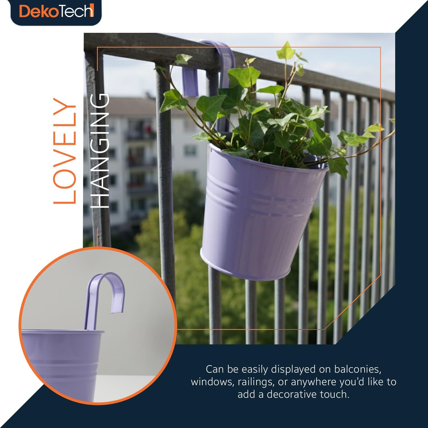 Hanging Flower Pots with Detachable Hook, Metal Balcony Railing Planters with Drainage Hole for Window, Garden and Outdoor Decor (Pack of 5 – Purple)