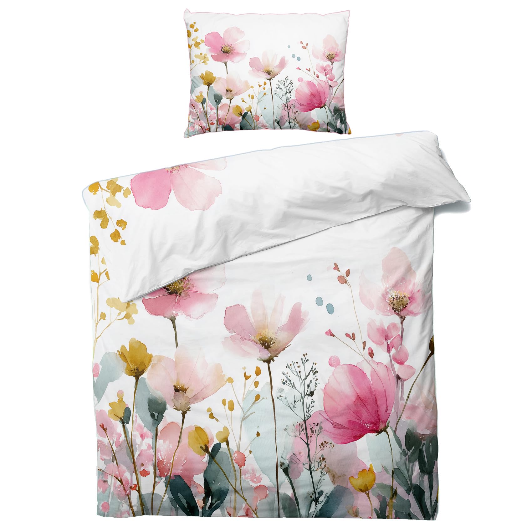 Generisch Aquarell Blumen Bettwäsche 135x200 2tlg, 1 Kissenbezüge 80x80 - Wildblumen Design Wendebettwäsche, Weiche Mikrofaser Bettbezug mit Reißverschluss, Deko & Geschenke RU22