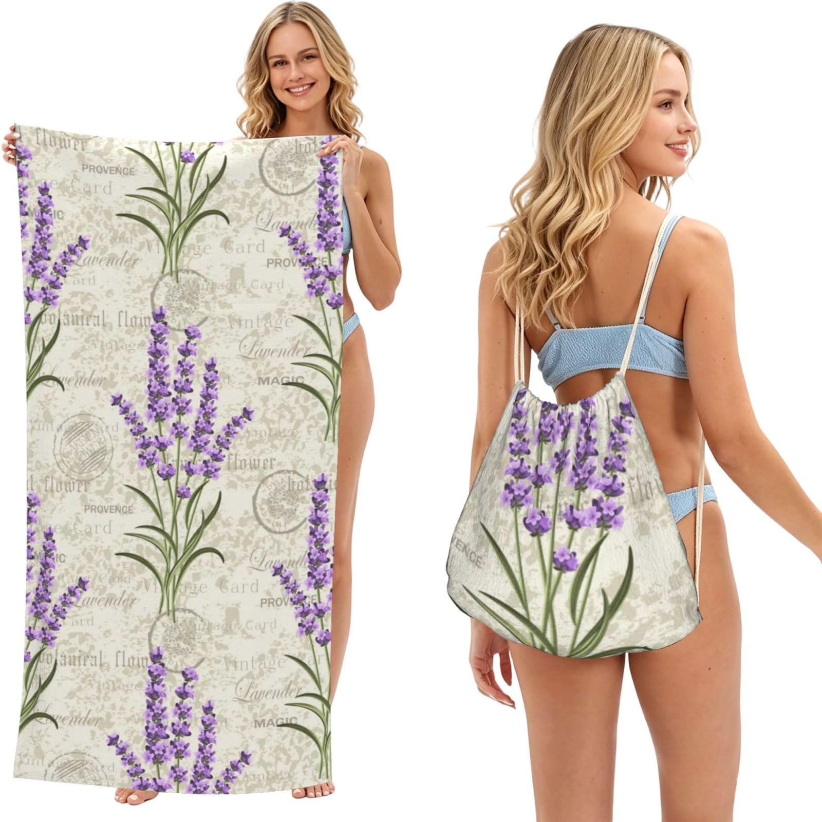 Poadnly Lavenders On Vintage Postcard, 2 in 1 Packable Towel Bag, Beach Towels with Drawstring Backpack for Travel Holiday Camping