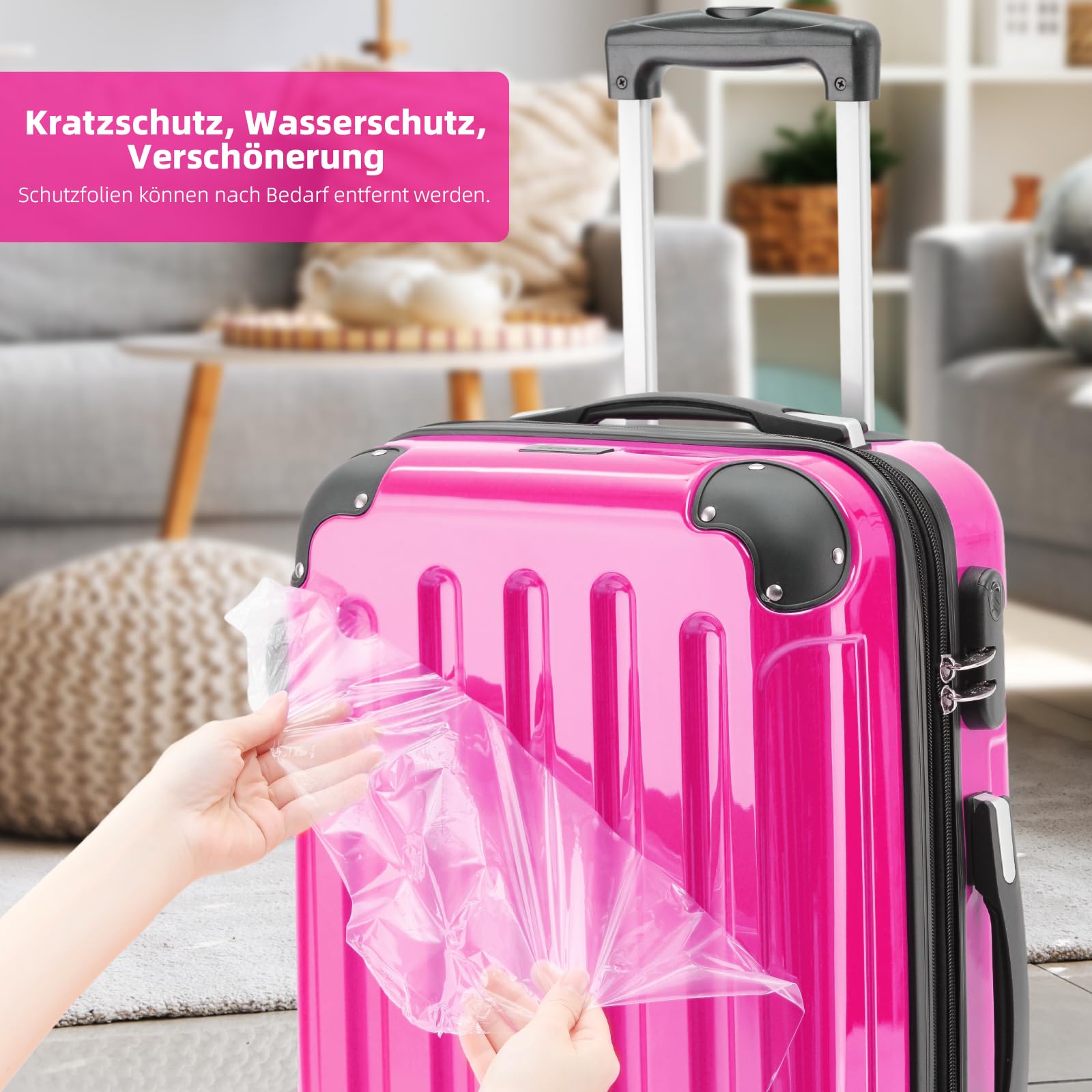BEIBYE Hartschalen Koffer Trolley Rollkoffer Reisekoffer 4 Zwillingsrollen Polycabonat (Pink, Handgepäck 55cm-40L)