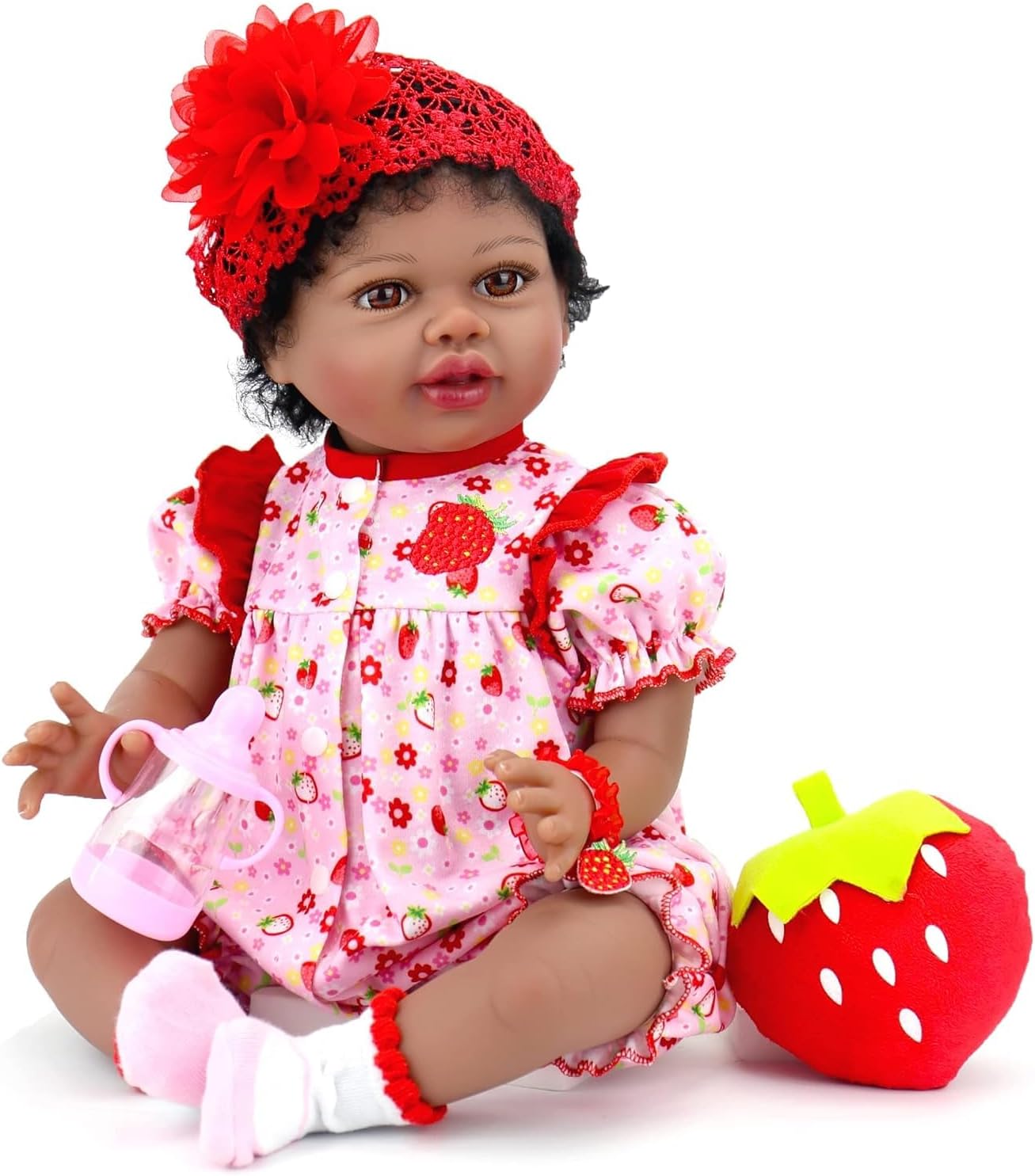 Aori Reborn Baby Dolls Lifelike Black- 22 Inch Realistic Black American Newborn Baby Girls That Look Real Body Weighted Soft Body Real Life Toddler Doll Strawberry Gift Set for Ages 3+