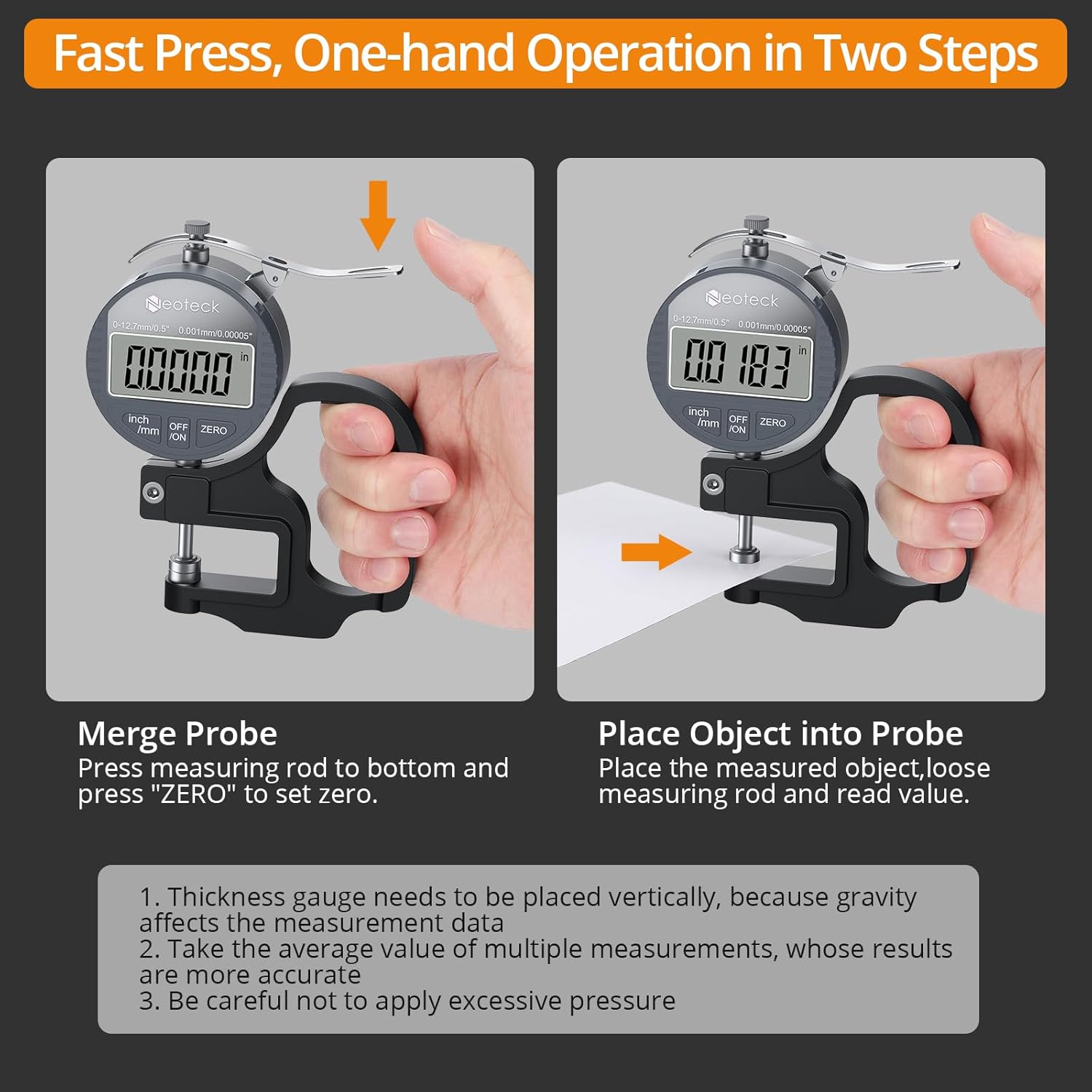 Neoteck Professional Measurement Kit: Digital Thickness Gauge 0.5" & 0-0.5", LCD Display, Inch/MM Conversion for Leather, Paper, Fabric, Film, Quick Press Tool