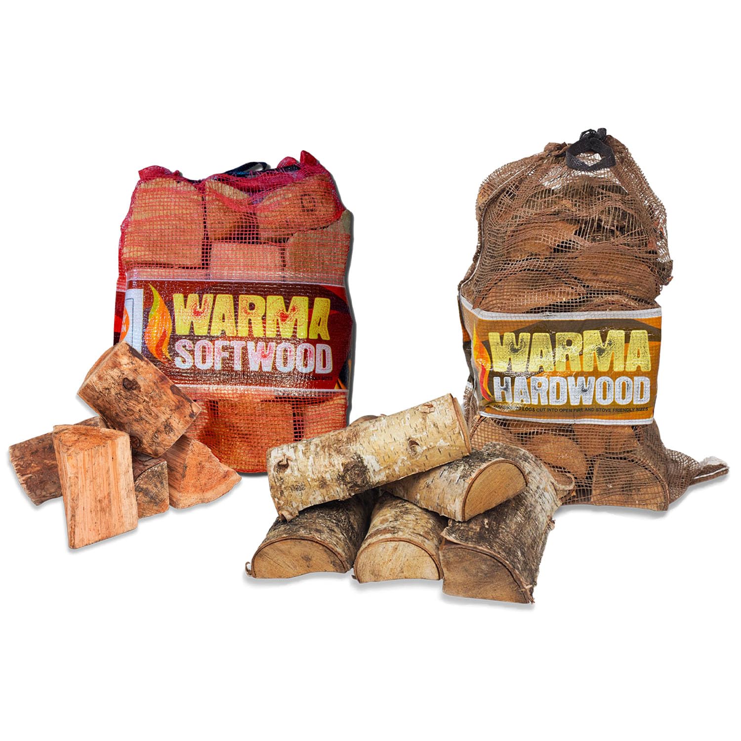 Warma Beige 25L Net Of Softwood, 27L Hardwood Logs & 4Kg Kindling Nets Firewood - Kiln Dried Wood - For Outdoor Open Fire Pits Wood Burners Coal Stoves Log Burners - 1 X Softwood & 1 X Hardwood Nets