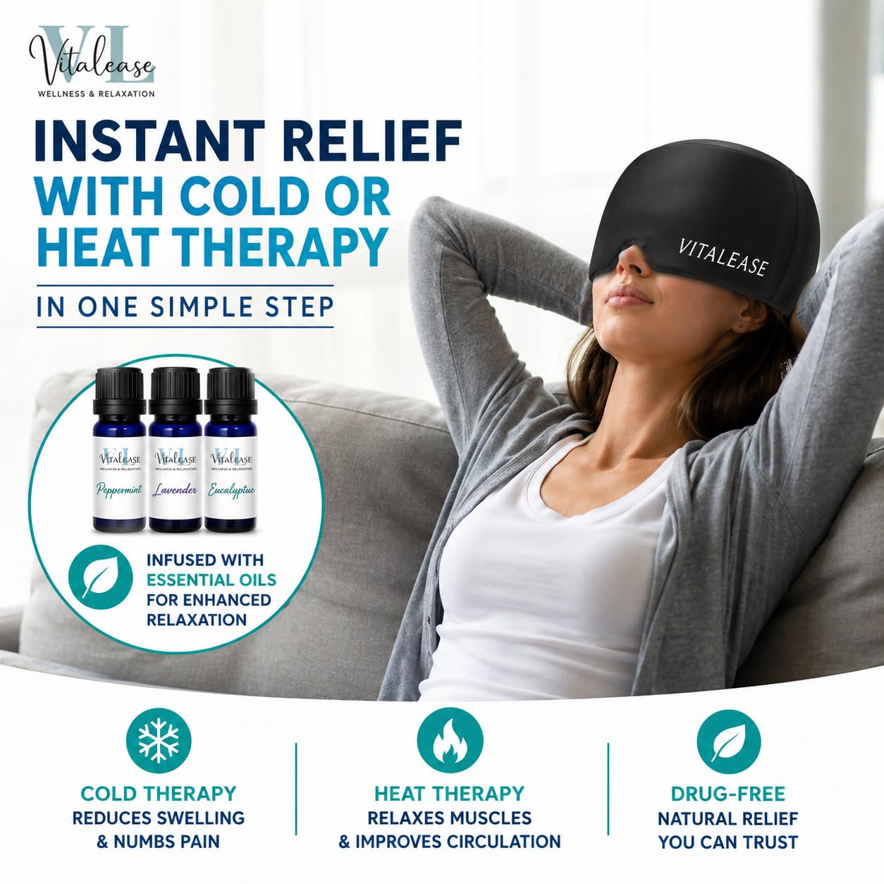 Gorro Migraña, Mejorado Antifaz Migraña Frio, Doble Capa de gel, Gel envolvente 360º, Para Aliviar Migraña, Sinusitis, Estrés, Dolor de cabeza y Aceite Esencial para Migraña