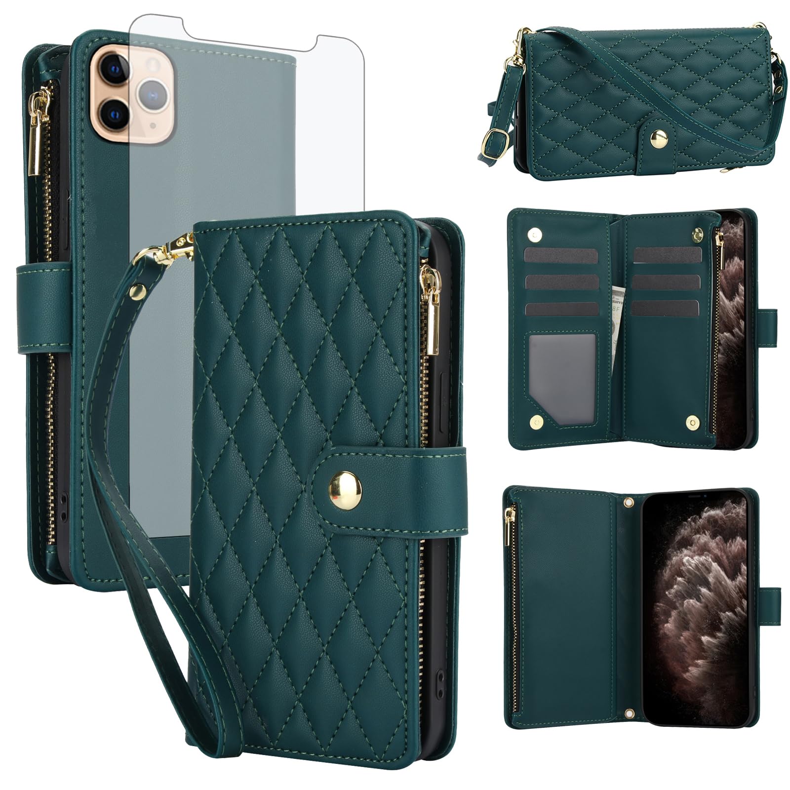 Asuwish Handyhülle für iPhone 11 Pro Hülle mit Band Folie Schutzfolie Kartenfach Klappbar Leder Geldbörse Ständer i-Phone 11ProHülle i 11Pro Handy Hüllen Schutzhülle Reißverschluss Phone Case Grün