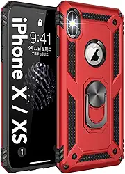 Korecase Capa compatível com iPhone X, iPhone Xs, iPhone 10, proteção extrema, armadura militar, camada dupla, capa protetora com anel giratório de 360 graus, suporte vermelho