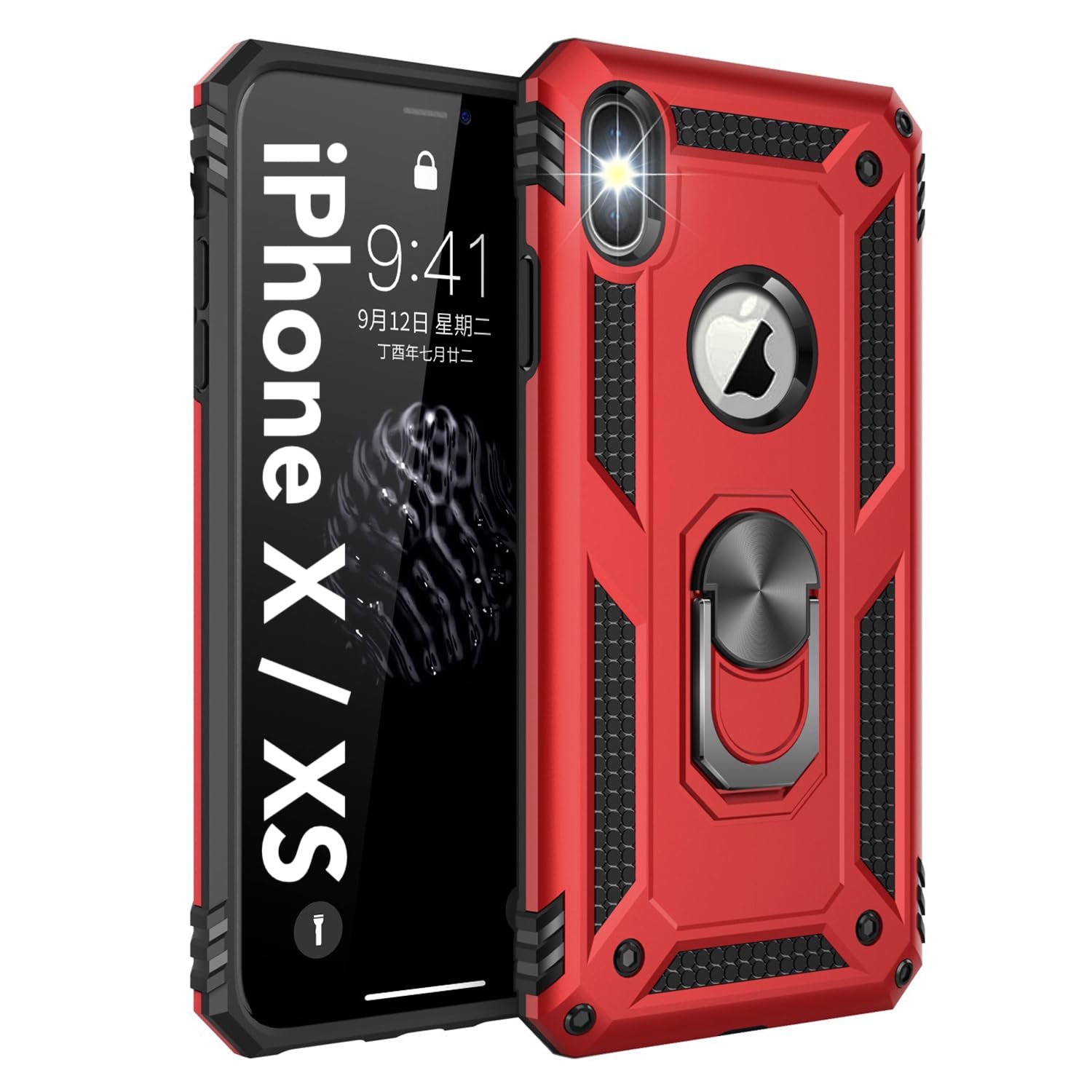 Korecase Compatible with iPhone X iPhone Xs Case, Extreme Protection Military Armor Dual Layer Protective Cover with 360 Degree Swivel Ring Kickstand Red