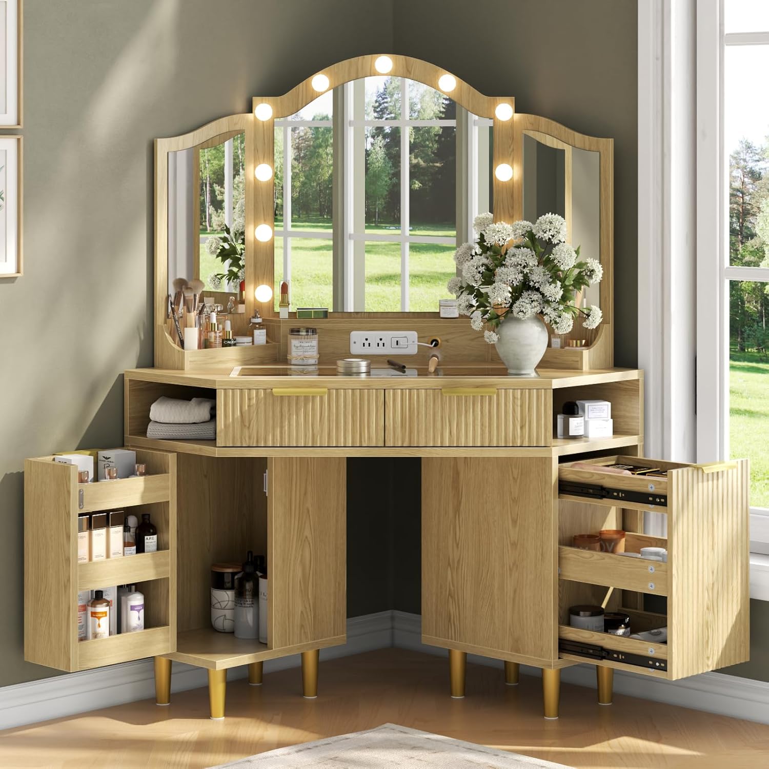 Corner Vanity Desk with 3-Color Dimmable LED Mirror, Heavy-Duty Makeup Vanity w/ Power Outlets & USB Charging, Premium Corner Makeup Table w/ Fluted Drawers & Storage Cabinet for Bedroom, Natural Oak