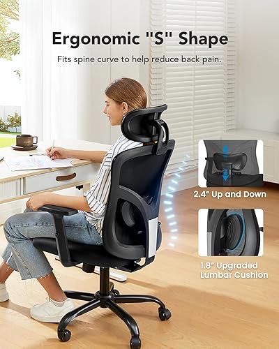 Miniatura 3 de HUANUO Silla de oficina ergonómica, silla de juegos de malla con respaldo alto para personas grandes y altas con soporte lumbar, reposacabezas y