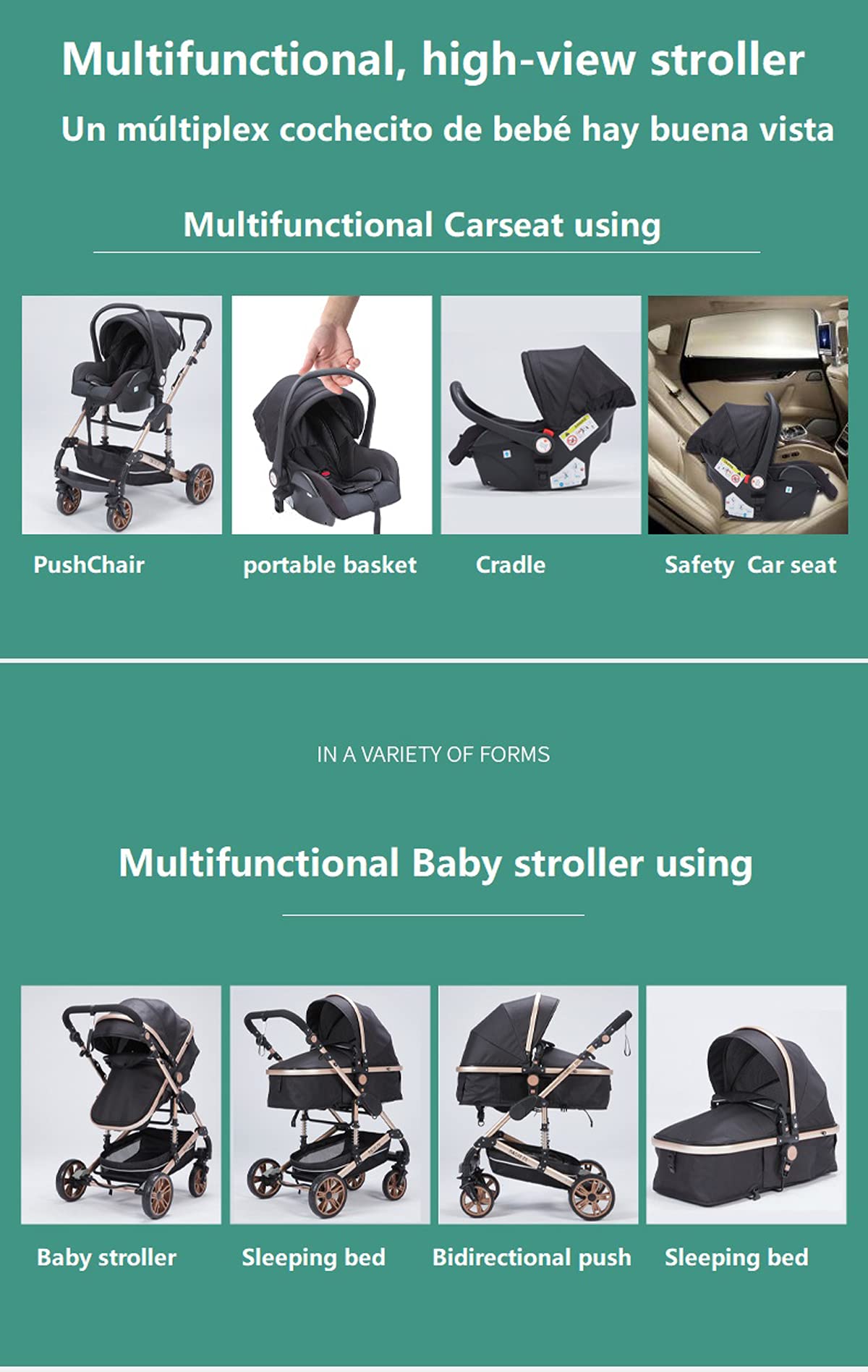 Magic ZC Carrito Bebe 3 en 1, Carro de Bebe 3 Piezas con Empuje Reversible de Dos Vías, Carrito Bebe con Diseño Portátil Plegable de Un Clic, Cochecito Bebe 3 Piezas con Accesorios (Negro)